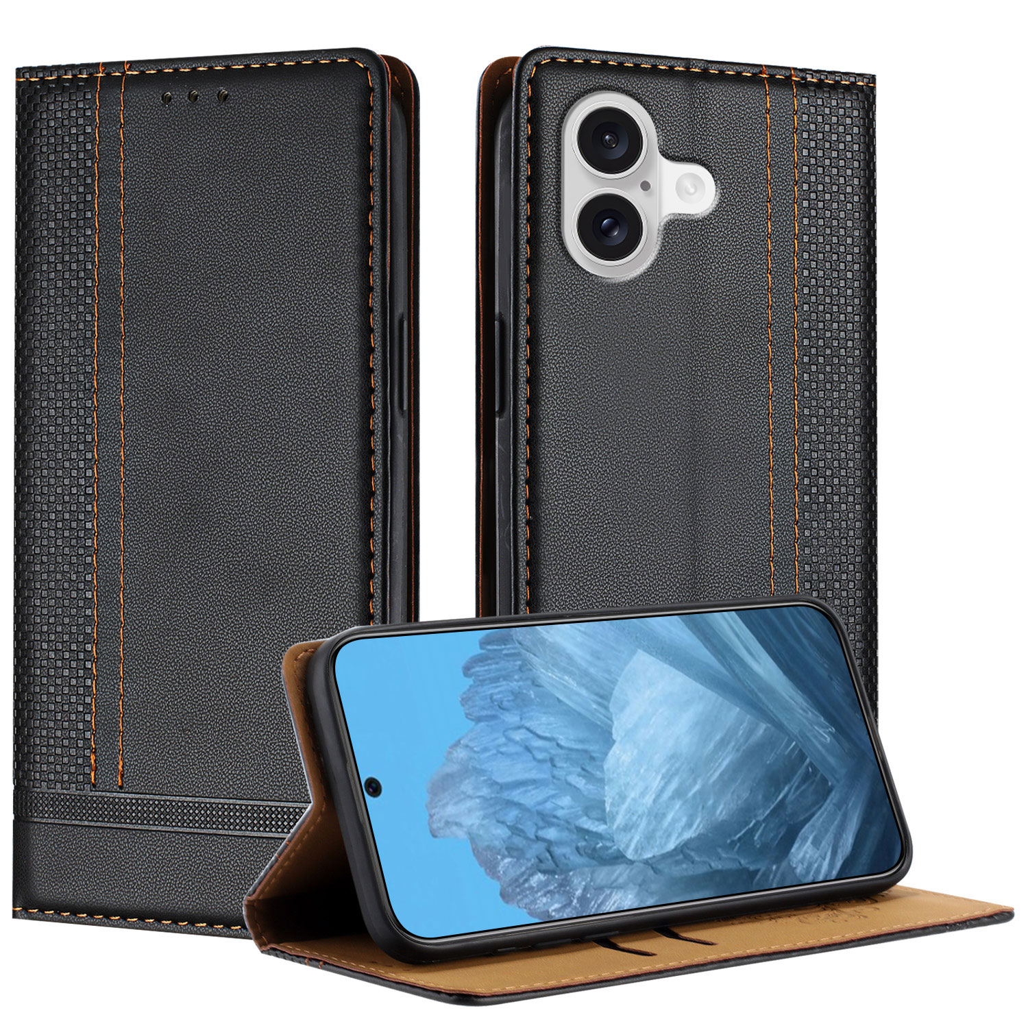 For iPhone 17 Case L-Shaped Grid Pattern Leather Stand Phone Cover with Card Slots - Black