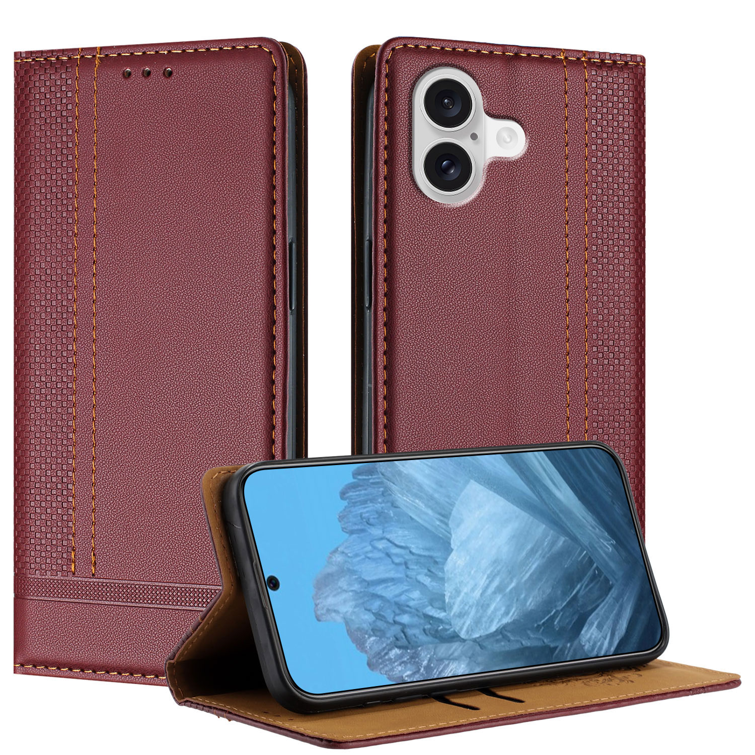 For iPhone 17 Case L-Shaped Grid Pattern Leather Stand Phone Cover with Card Slots - Wine Red