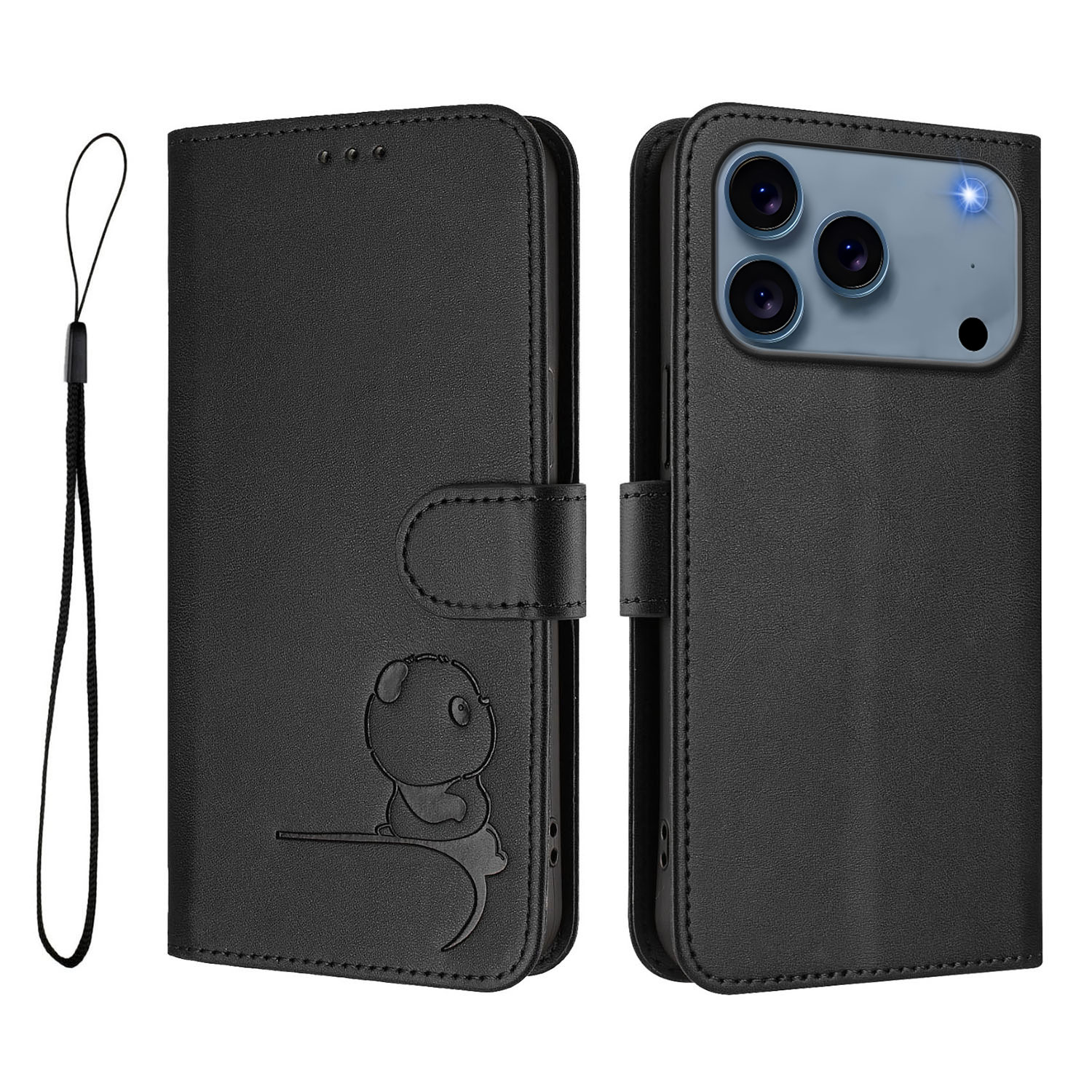 For iPhone 17 Pro Max Case Panda Imprint RFID Blocking Wallet Leather Phone Cover with Wrist Strap - Black