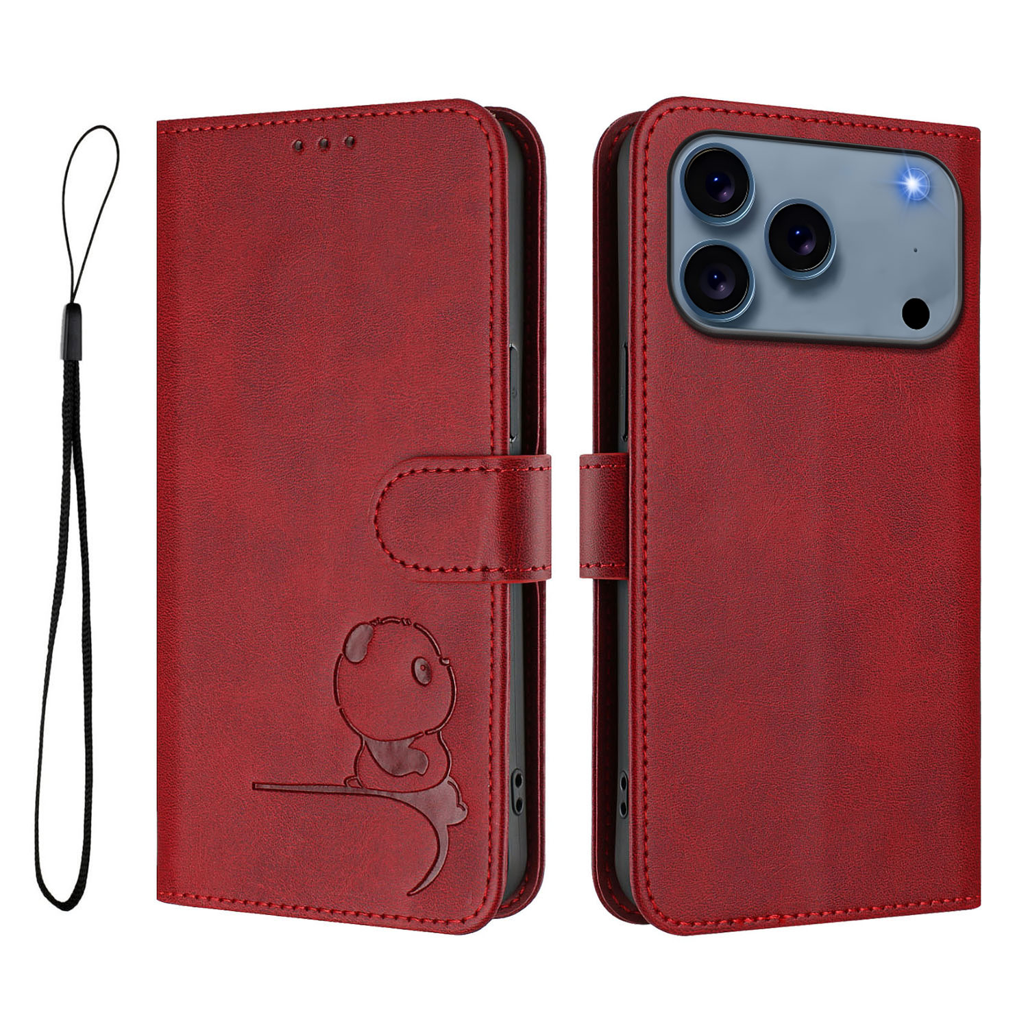 For iPhone 17 Pro Max Case Panda Imprint RFID Blocking Wallet Leather Phone Cover with Wrist Strap - Wine Red