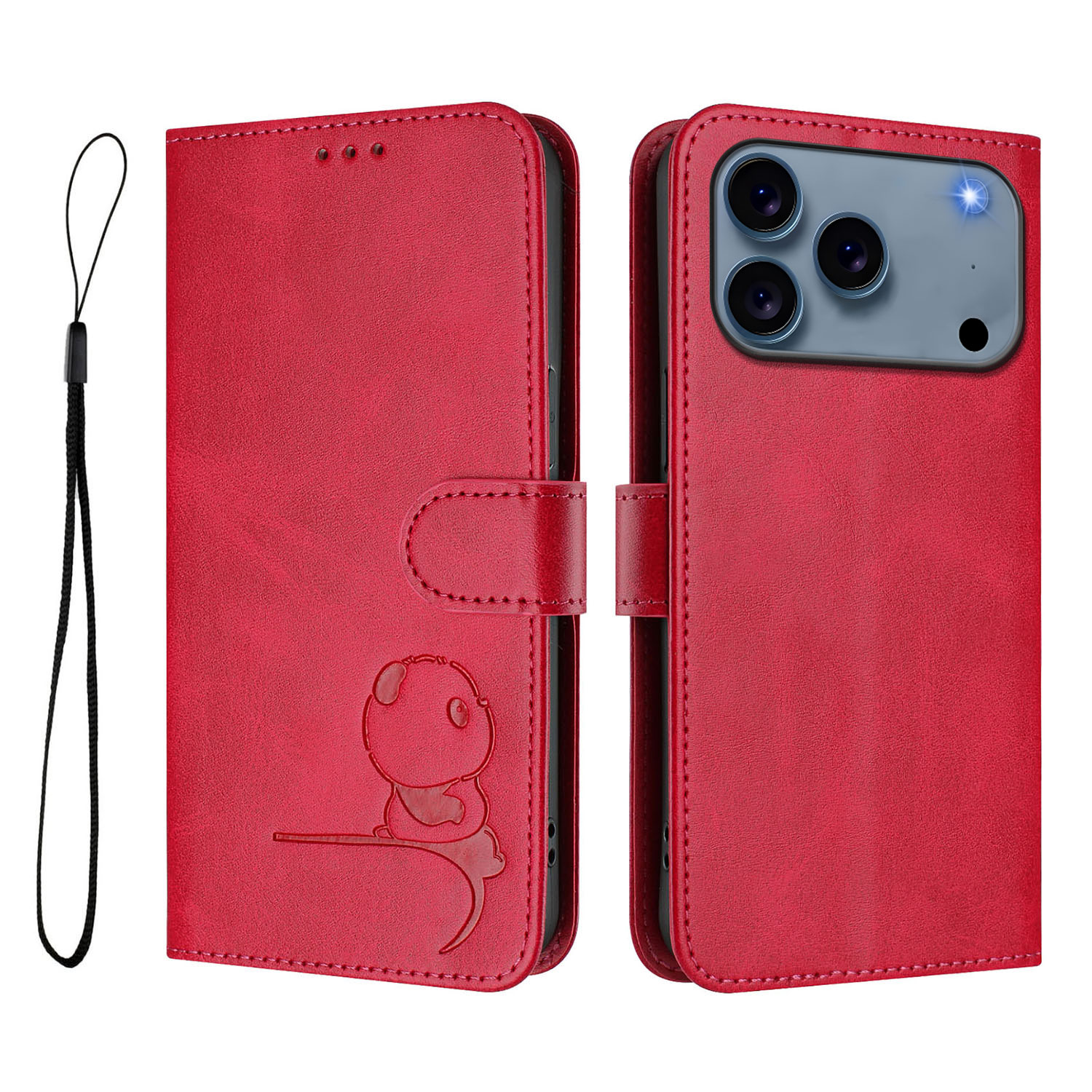 For iPhone 17 Pro Max Case Panda Imprint RFID Blocking Wallet Leather Phone Cover with Wrist Strap - Rose
