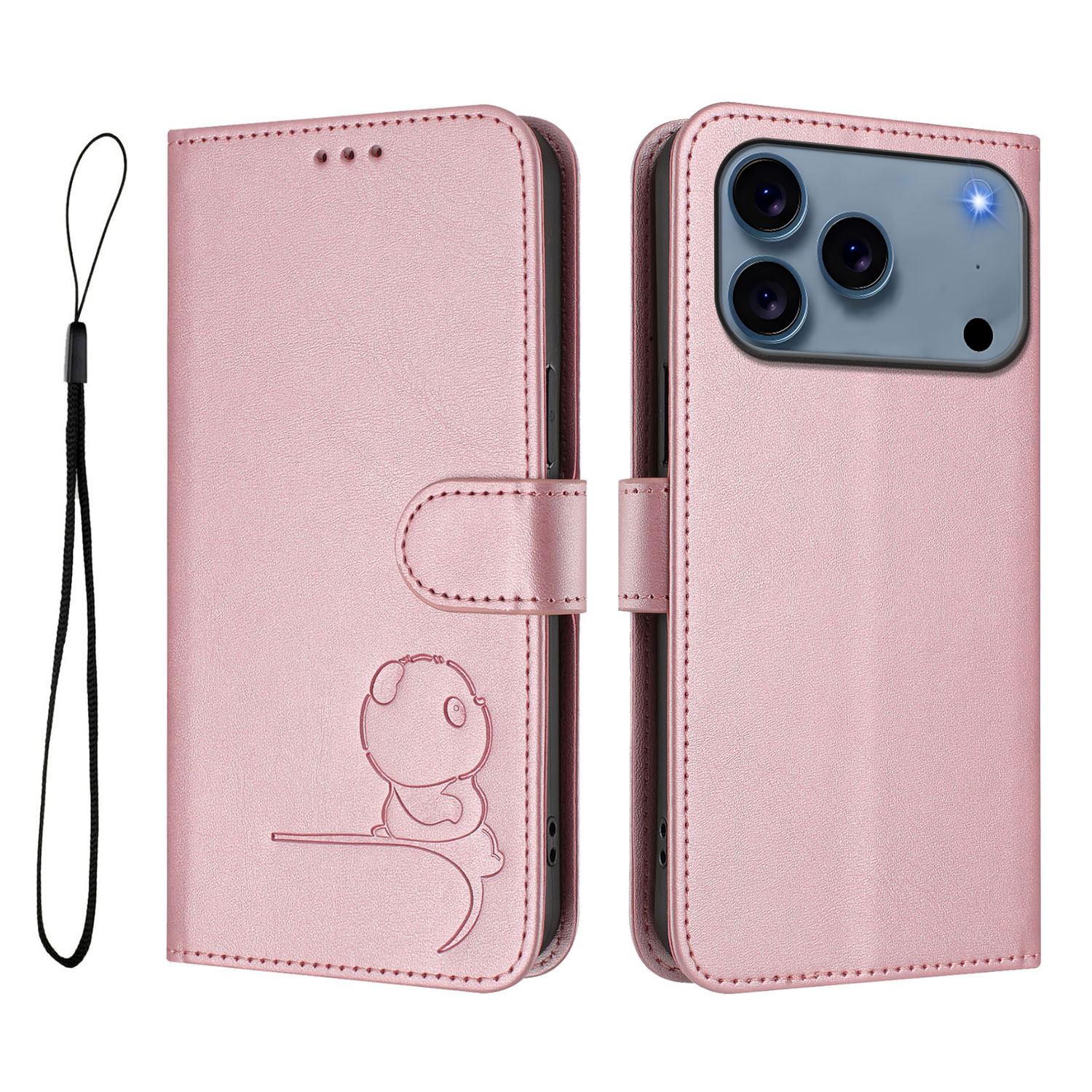 For iPhone 17 Pro Case Panda Imprint RFID Blocking Wallet Leather Phone Cover with Wrist Strap - Pink