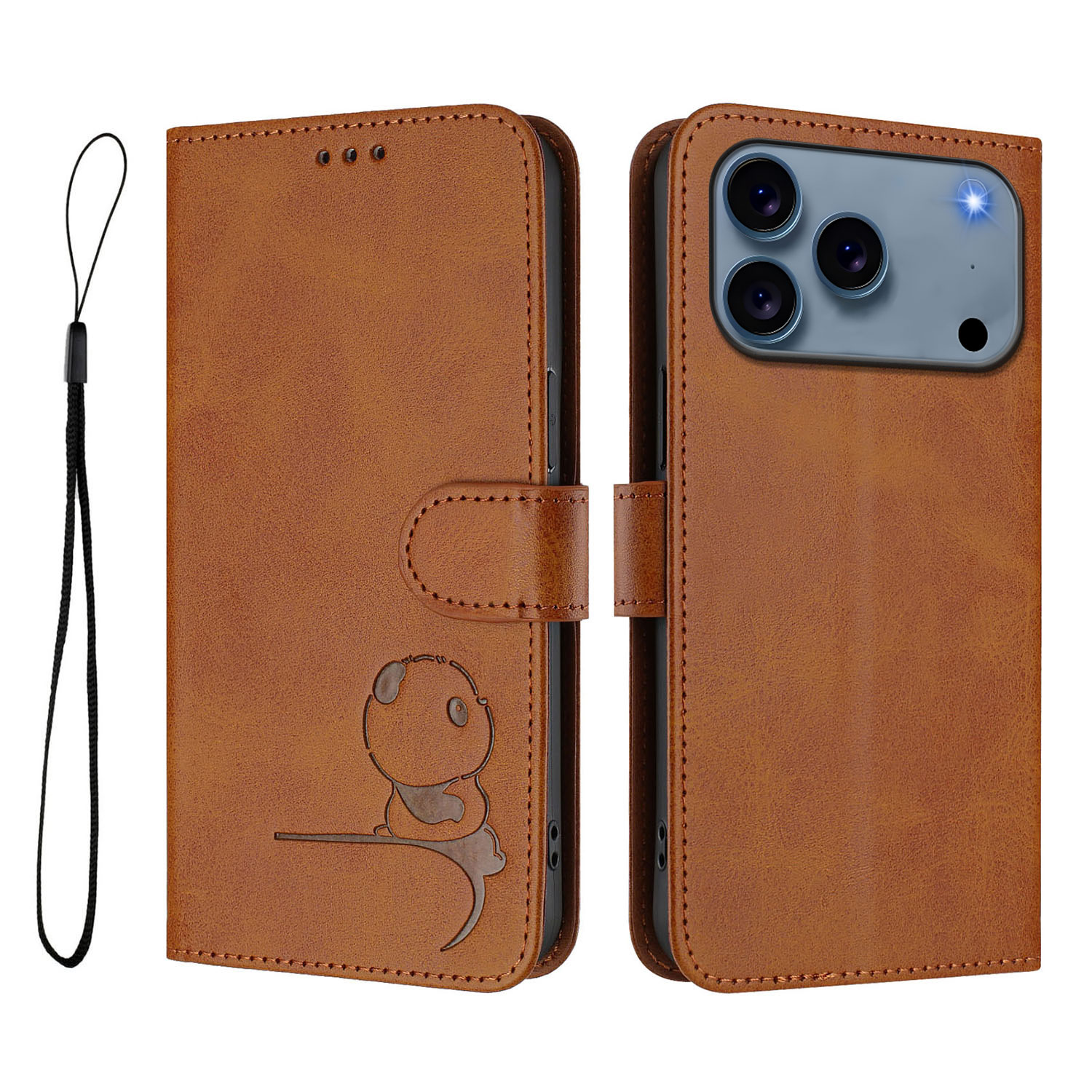 For iPhone 17 Pro Case Panda Imprint RFID Blocking Wallet Leather Phone Cover with Wrist Strap - Brown