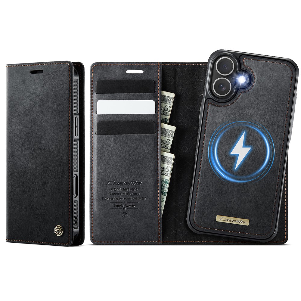 For iPhone 16 Case CASEME C49  Compatible with MagSafe RFID Blocking Detachable Wallet Leather Phone Cover - Black