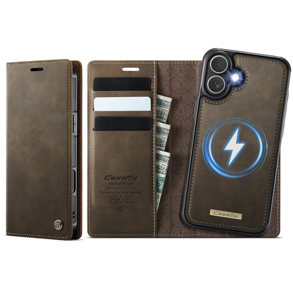 For iPhone 16 Case CASEME C49  Compatible with MagSafe RFID Blocking Detachable Wallet Leather Phone Cover - Coffee