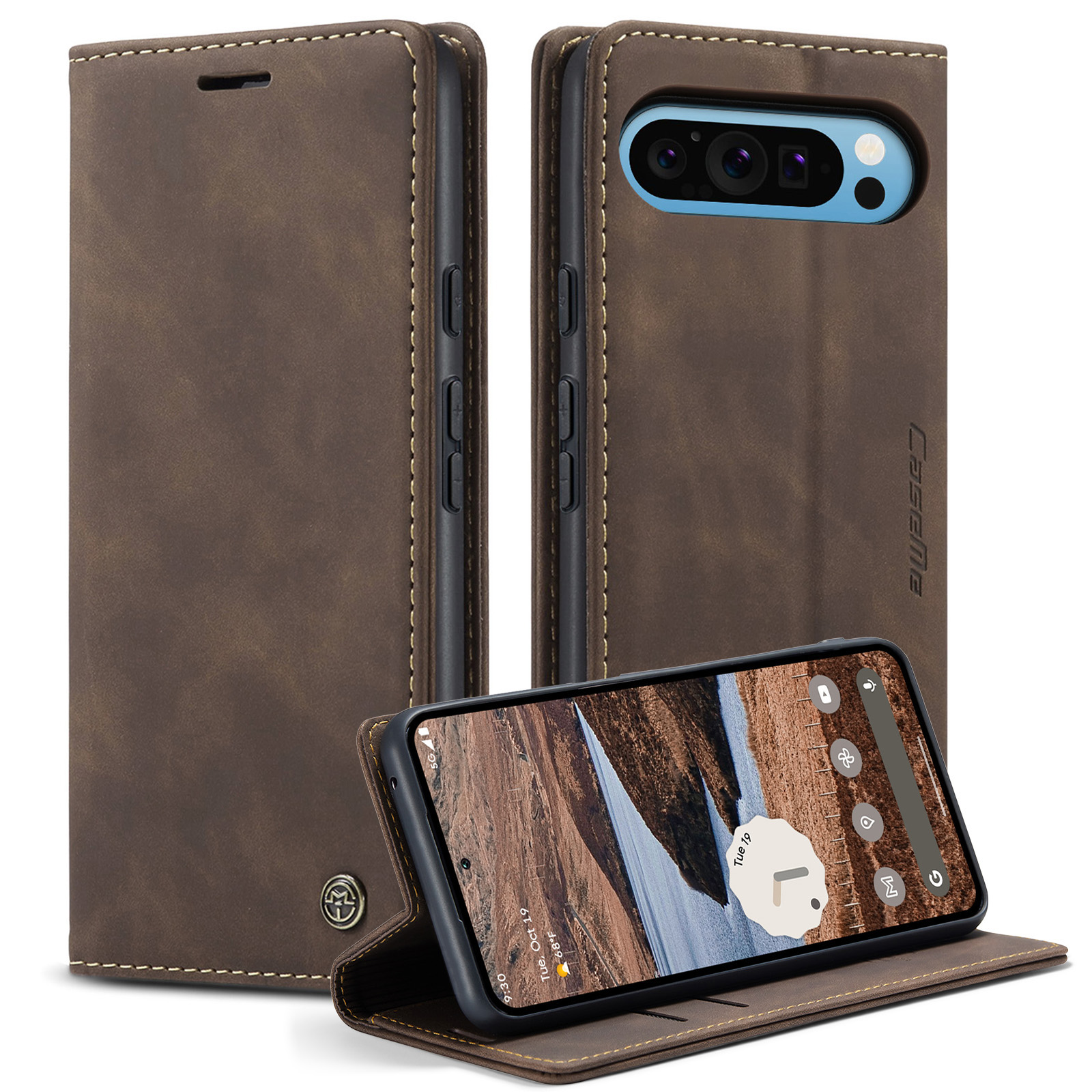 For Google Pixel 10 Pro XL Wallet Case CASEME 013 Series PU Leather Phone Cover Stand - Coffee