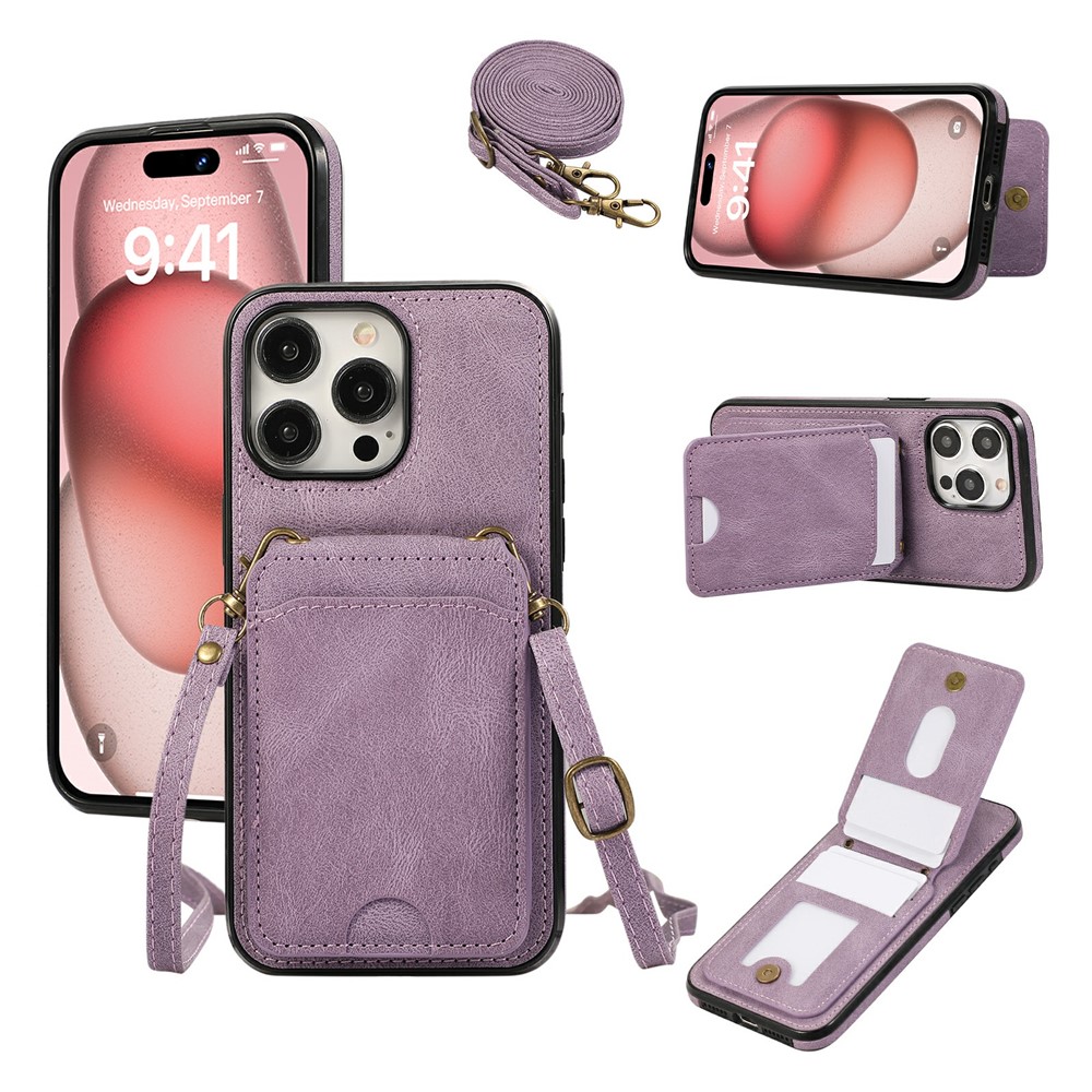 For iPhone 16 Pro Case Card Holder Kickstand Leather + TPU Phone Cover with Shoulder Strap - Purple