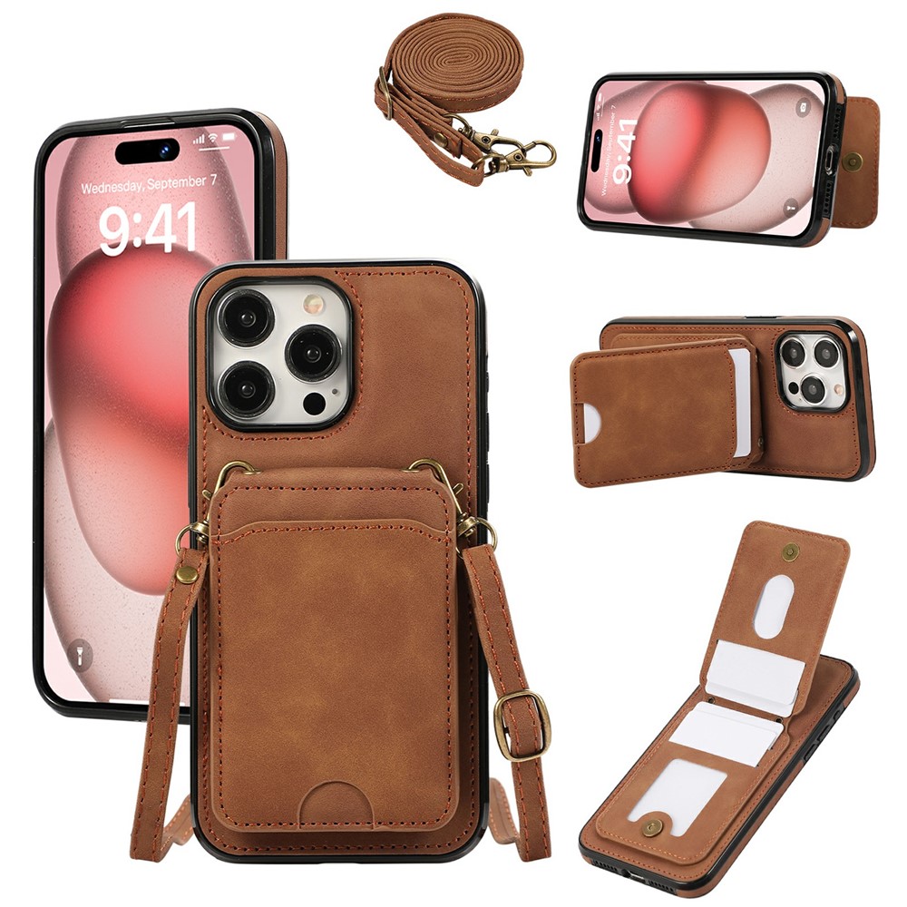 For iPhone 16 Pro Case Card Holder Kickstand Leather + TPU Phone Cover with Shoulder Strap - Brown