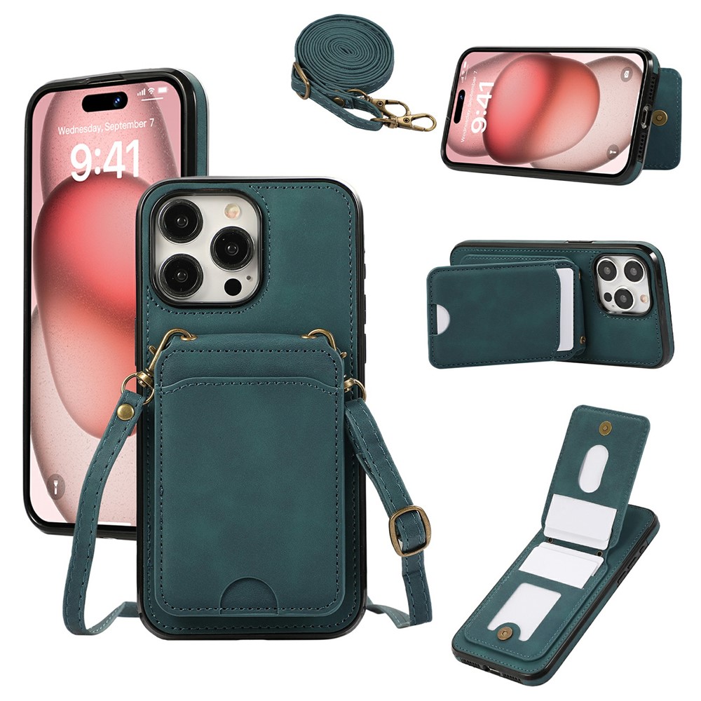 For iPhone 16 Pro Max Case Card Holder Kickstand Leather + TPU Phone Cover with Shoulder Strap - Green