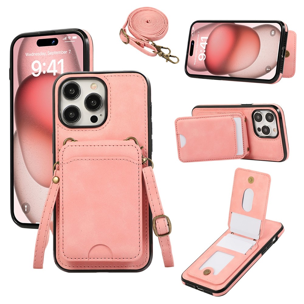 For iPhone 16 Pro Max Case Card Holder Kickstand Leather + TPU Phone Cover with Shoulder Strap - Pink