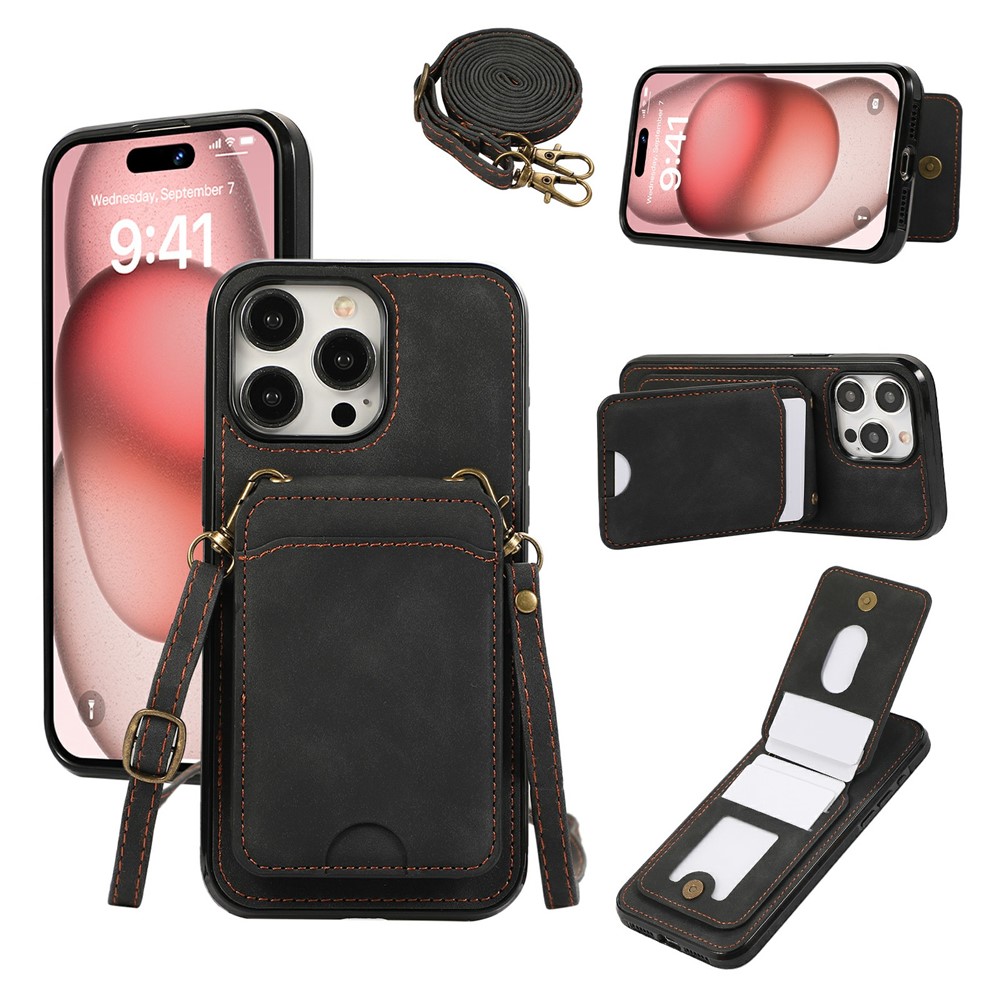 For iPhone 16 Pro Max Case Card Holder Kickstand Leather + TPU Phone Cover with Shoulder Strap - Black
