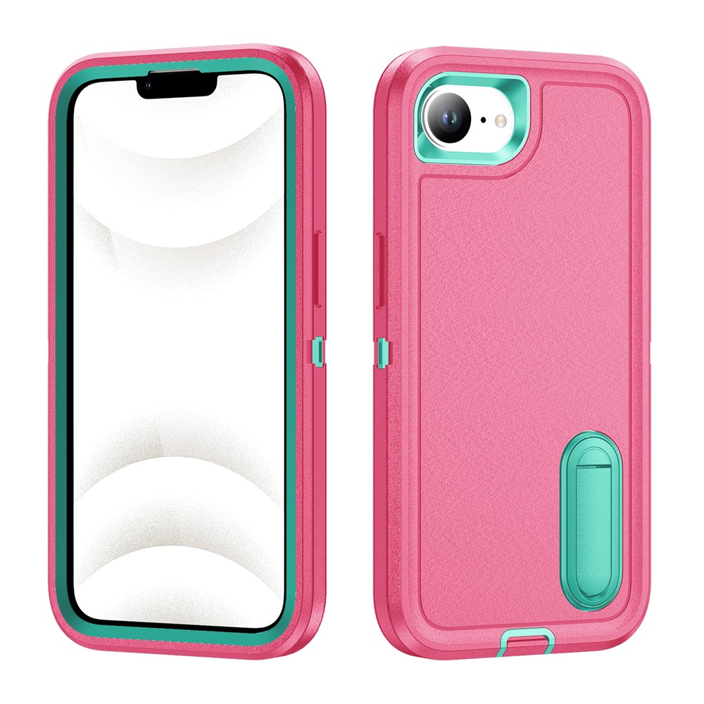 For iPhone 16e Case Case Kickstand Phone Cover PC + Silicone + EVA 3-in-1 Design - Rose + Light Cyan