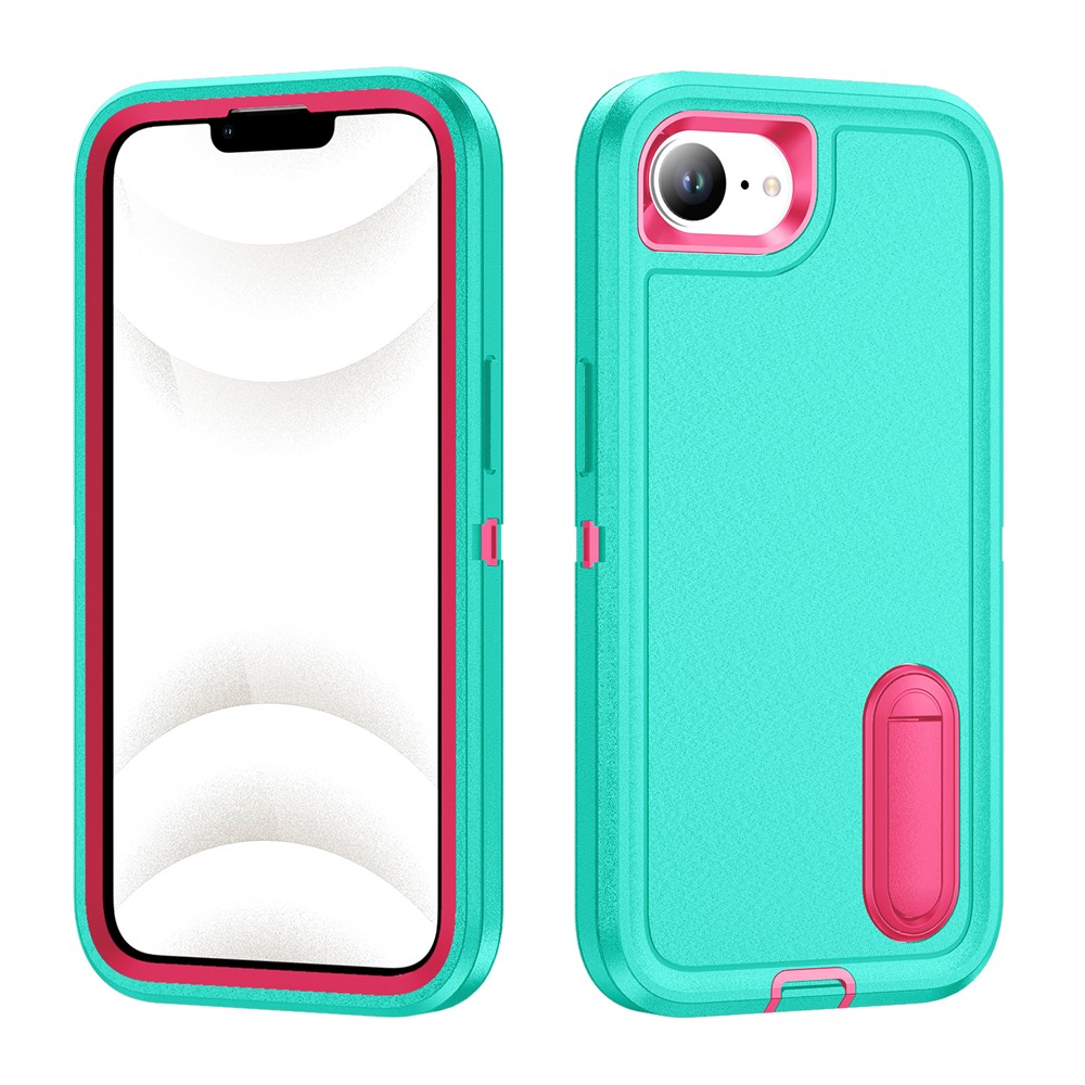 For iPhone 16e Case Case Kickstand Phone Cover PC + Silicone + EVA 3-in-1 Design - Light Cyan + Rose