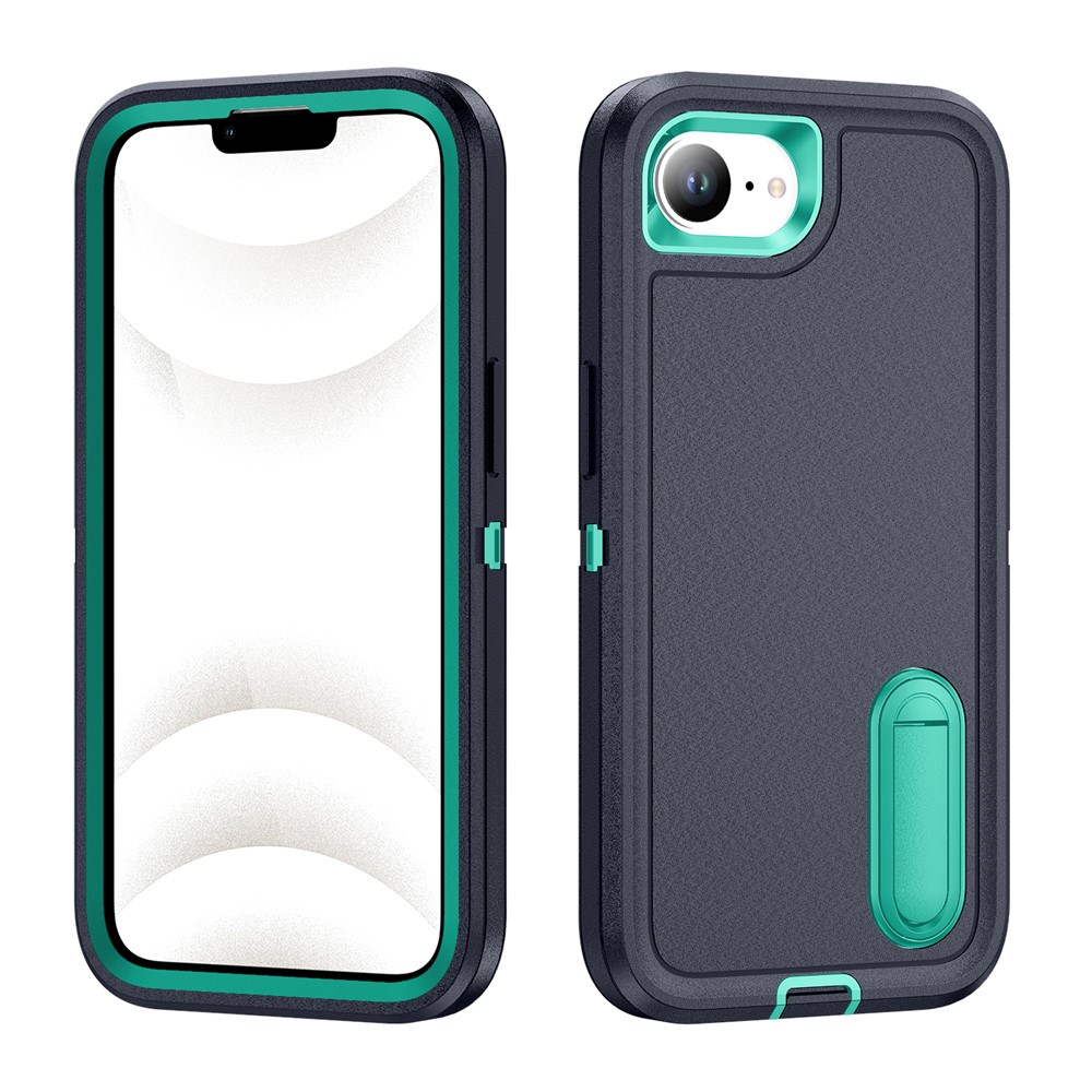 For iPhone 16e Case Case Kickstand Phone Cover PC + Silicone + EVA 3-in-1 Design - Dark Blue + Light Cyan