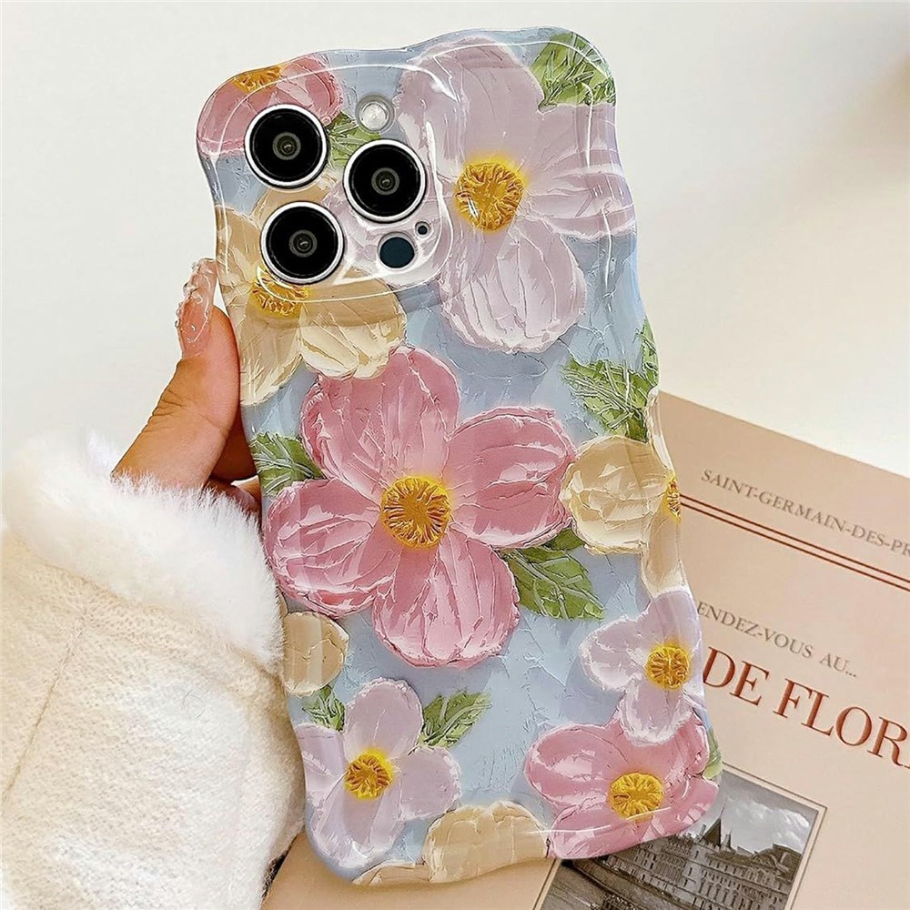 For iPhone 14 Pro Max Case Oil Painting Flower Pattern TPU Phone Cover with Curly Wave Frame