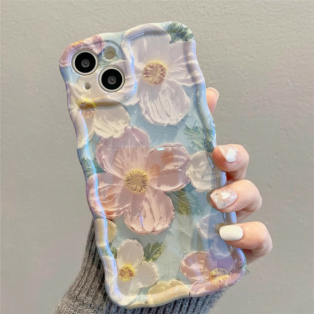 For iPhone 14 Case Oil Painting Flower Pattern TPU Phone Cover with Curly Wave Frame