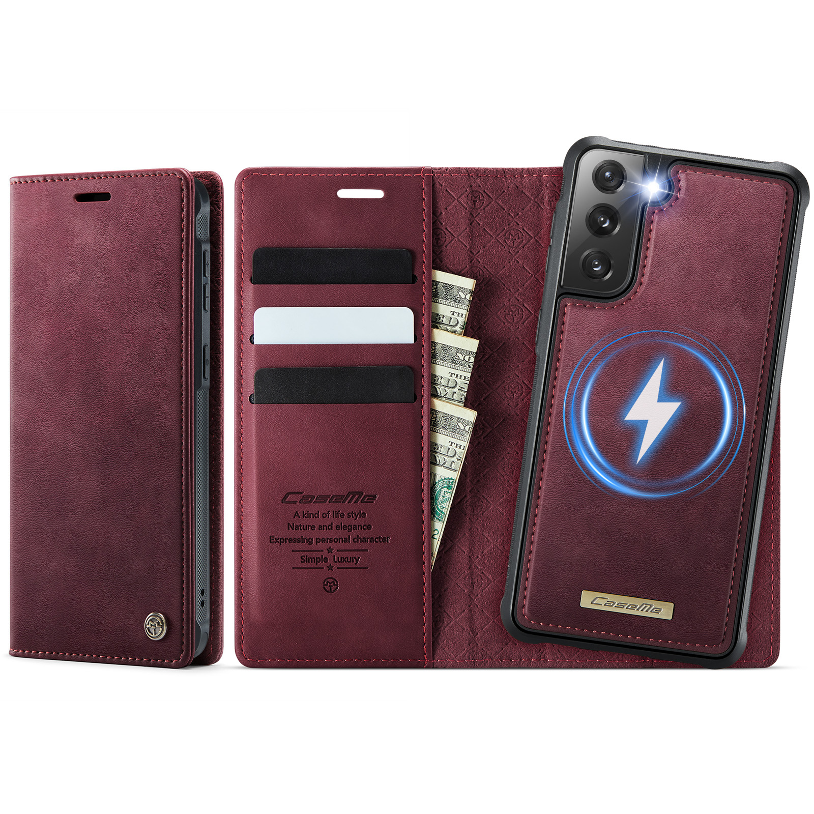 CASEME For Samsung Galaxy S21+ 5G Case  C49  Magnetic Case RFID Blocking Detachable Wallet Leather Phone Cover - Red