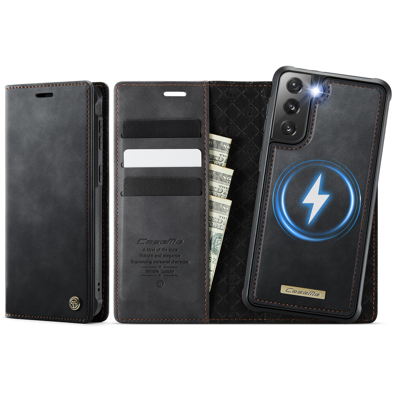 CASEME For Samsung Galaxy S21+ 5G Case  C49  Magnetic Case RFID Blocking Detachable Wallet Leather Phone Cover - Black