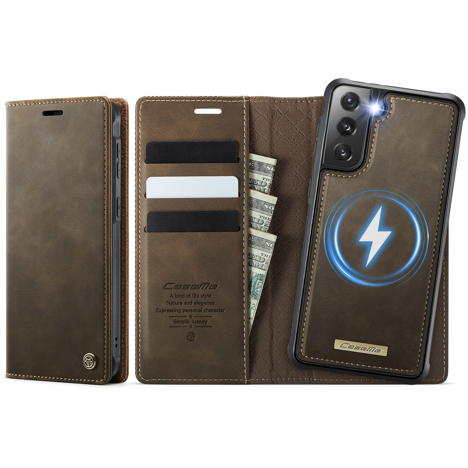 CASEME For Samsung Galaxy S21+ 5G Case  C49  Magnetic Case RFID Blocking Detachable Wallet Leather Phone Cover - Coffee