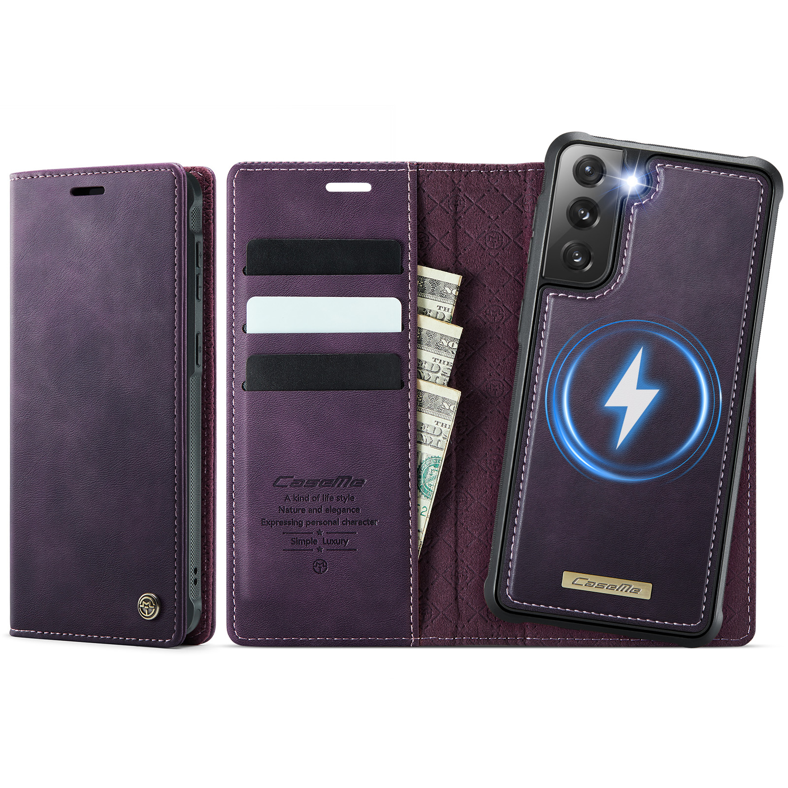 CASEME For Samsung Galaxy S21+ 5G Case  C49  Magnetic Case RFID Blocking Detachable Wallet Leather Phone Cover - Purple
