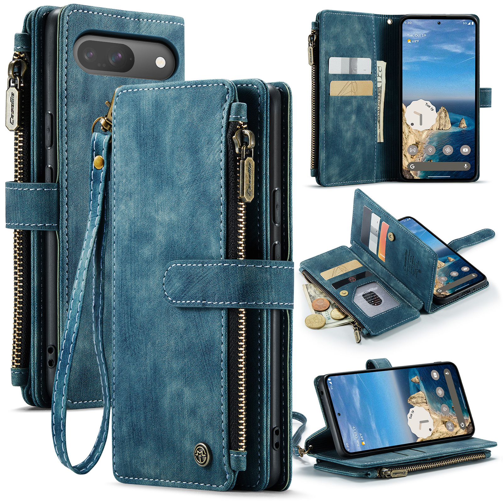 For Google Pixel 10 Pro / 10 / 9 Pro / 9 Phone Cases with Strap CASEME C30 Zipper Multiple Card Holder PU Leather Cover - Blue