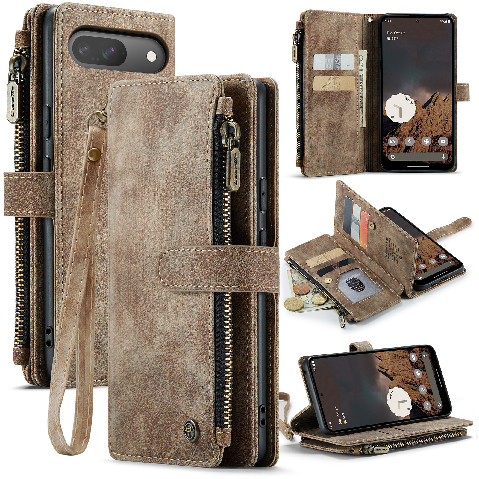 For Google Pixel 10 Pro / 10 / 9 Pro / 9 Phone Cases with Strap CASEME C30 Zipper Multiple Card Holder PU Leather Cover - Brown