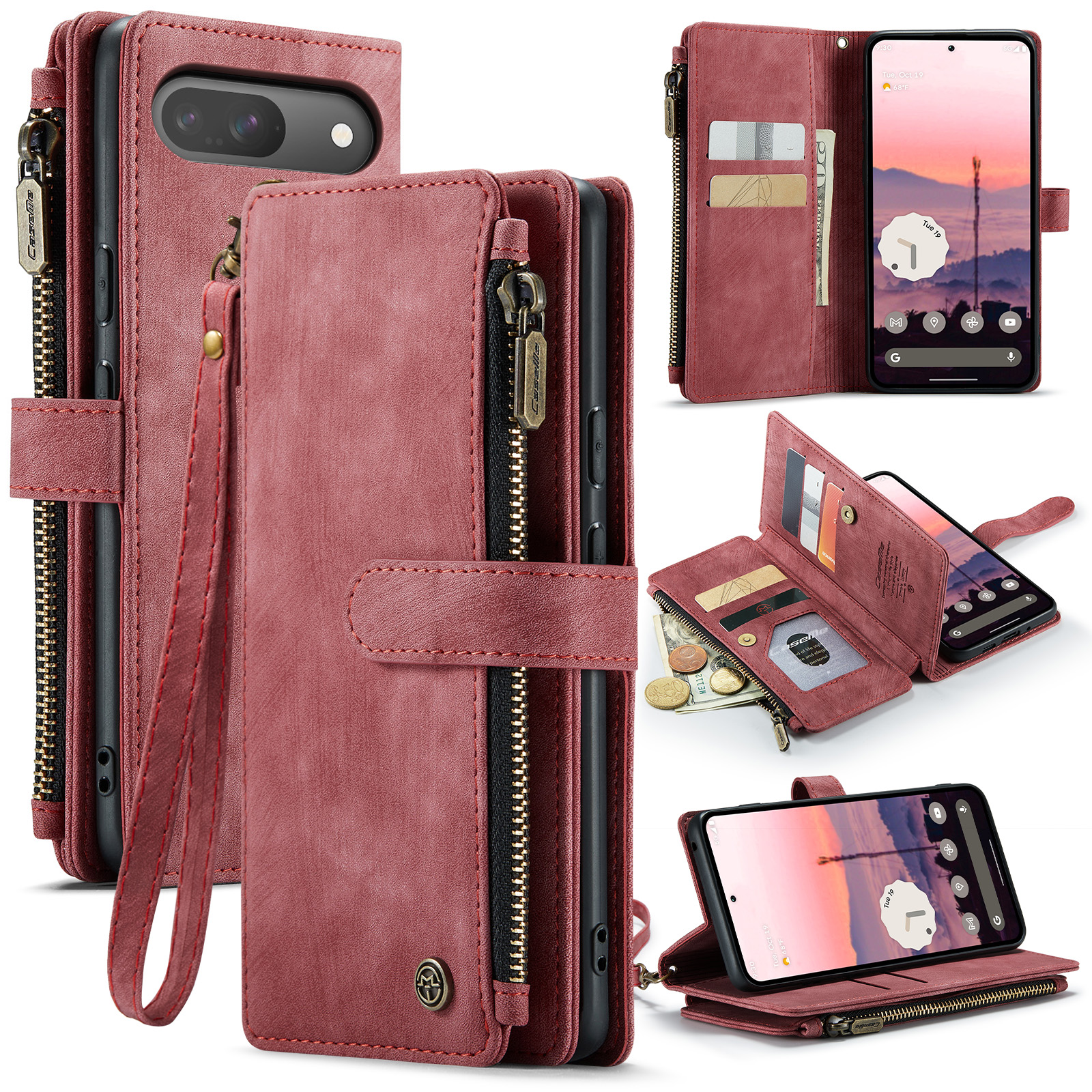 For Google Pixel 10 Pro / 10 / 9 Pro / 9 Phone Cases with Strap CASEME C30 Zipper Multiple Card Holder PU Leather Cover - Red