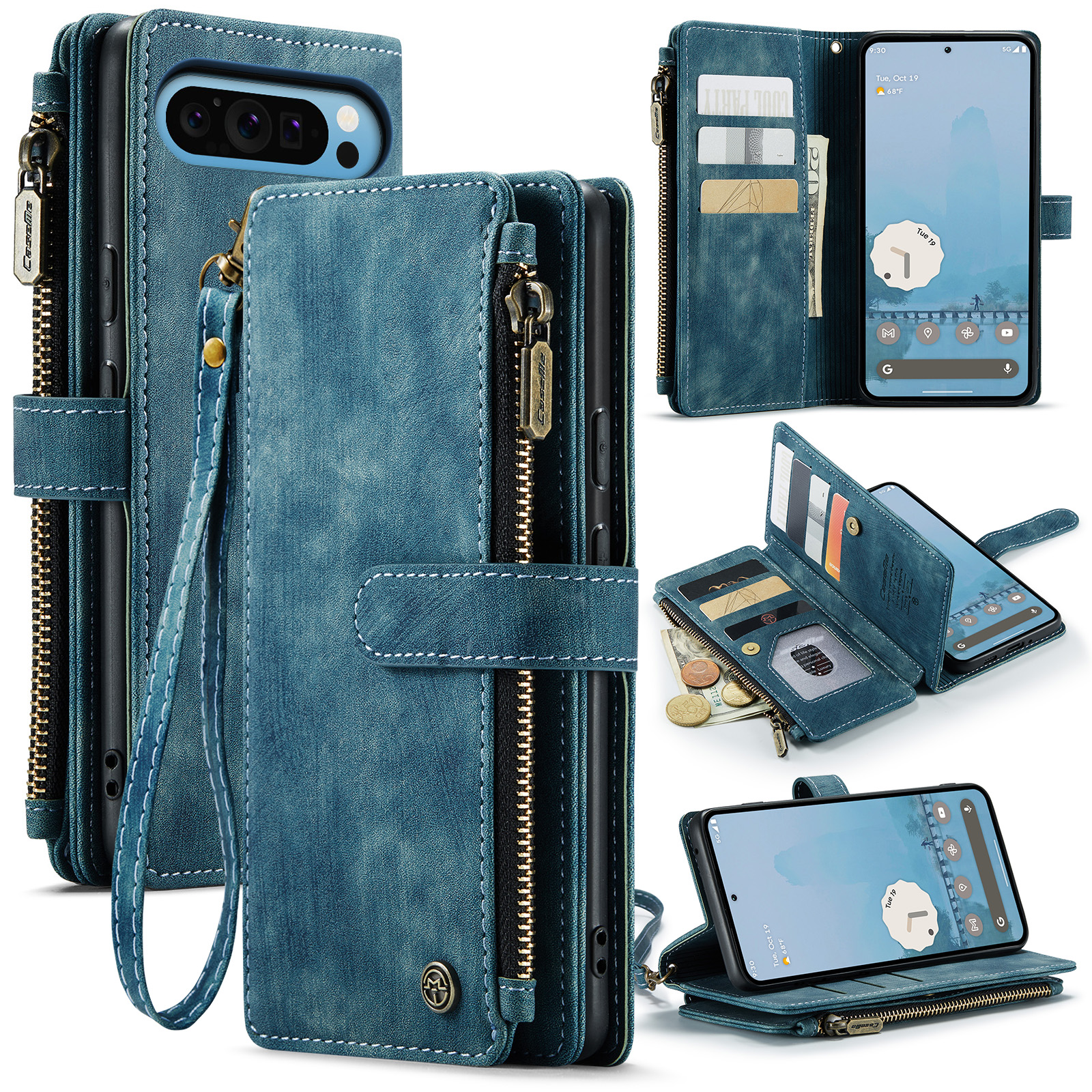 For Google Pixel 10 Pro XL Phone Cases with Strap CASEME C30 Zipper Multiple Card Holder PU Leather Cover - Blue