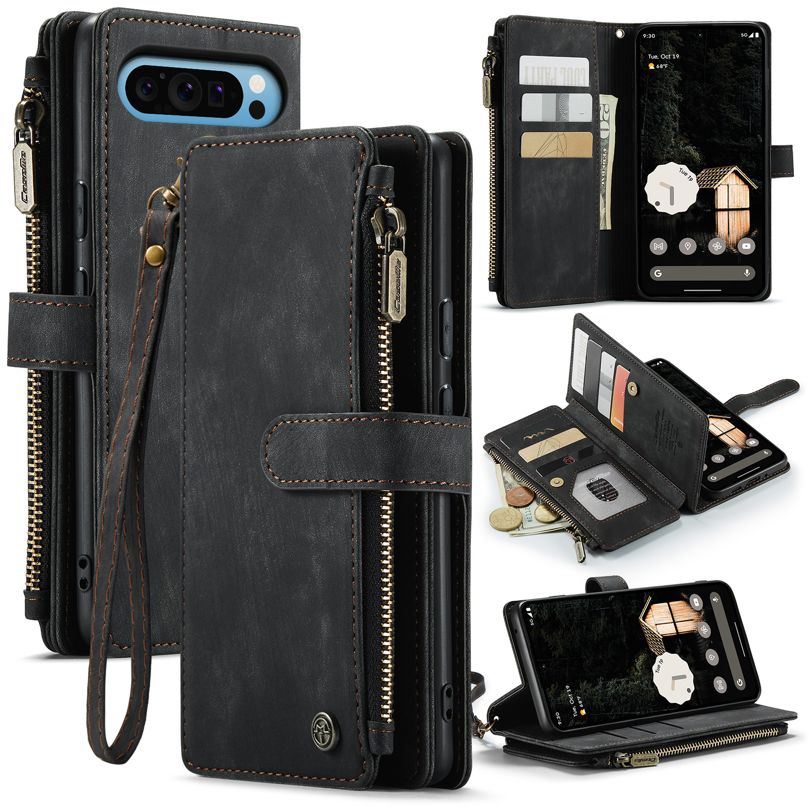 For Google Pixel 10 Pro XL Phone Cases with Strap CASEME C30 Zipper Multiple Card Holder PU Leather Cover - Black