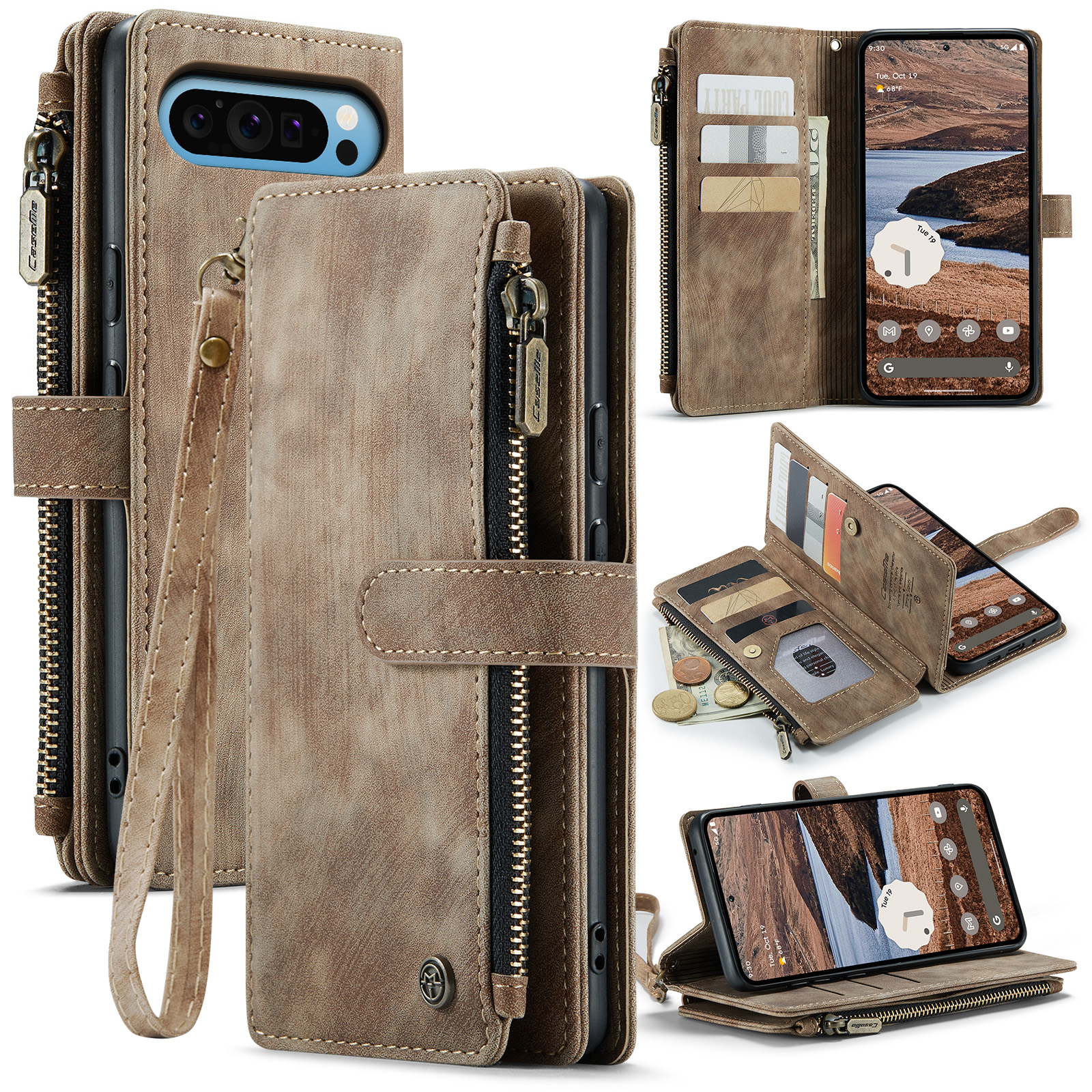 For Google Pixel 10 Pro XL Phone Cases with Strap CASEME C30 Zipper Multiple Card Holder PU Leather Cover - Brown