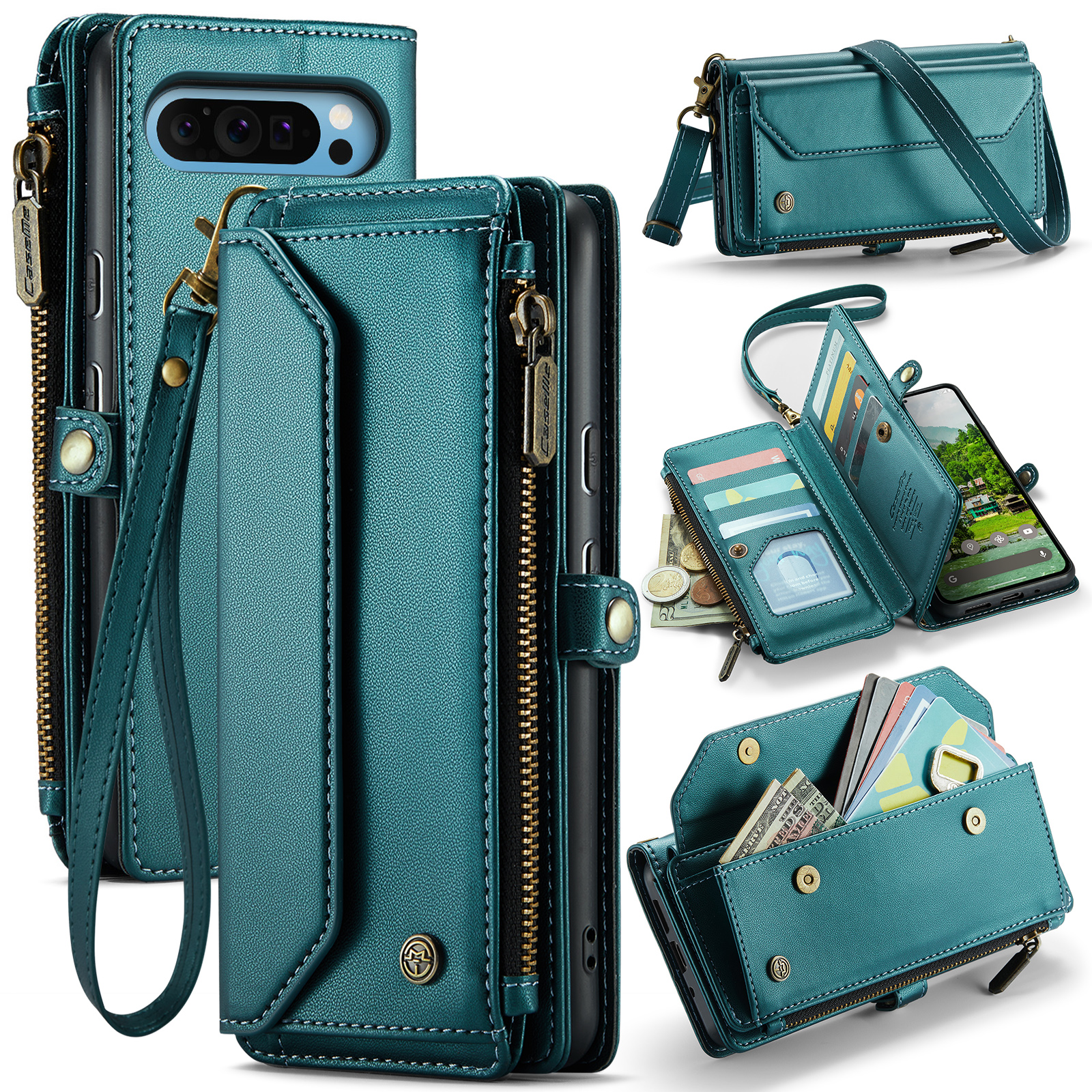 For Google Pixel 10 Pro XL Leather Case CASEME C36 Zipper 10 Card Slots Phone Cover with Straps - Green