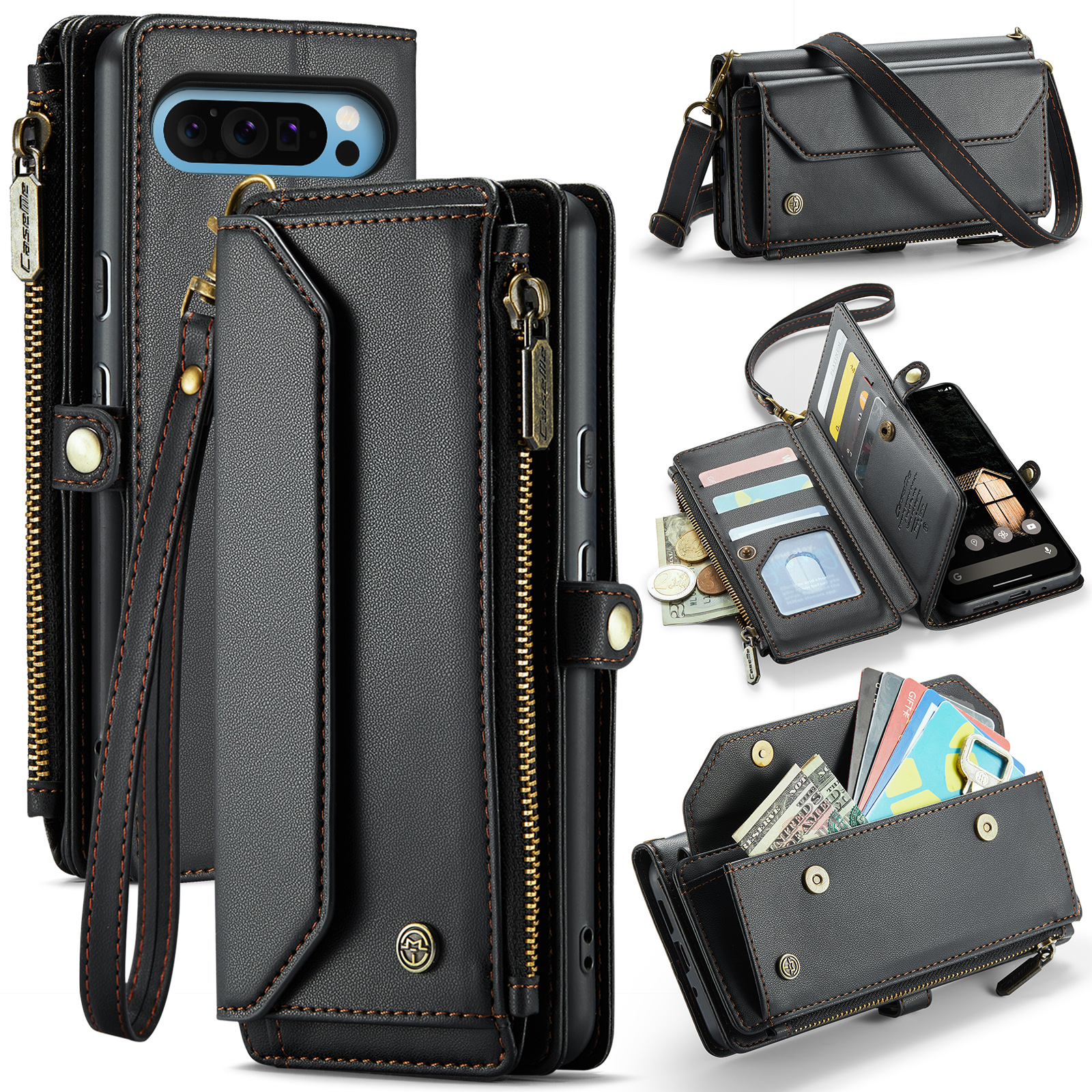 For Google Pixel 10 Pro XL Leather Case CASEME C36 Zipper 10 Card Slots Phone Cover with Straps - Black