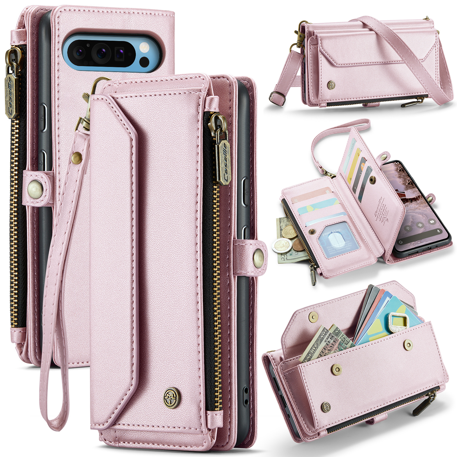 For Google Pixel 10 Pro XL Leather Case CASEME C36 Zipper 10 Card Slots Phone Cover with Straps - Pink