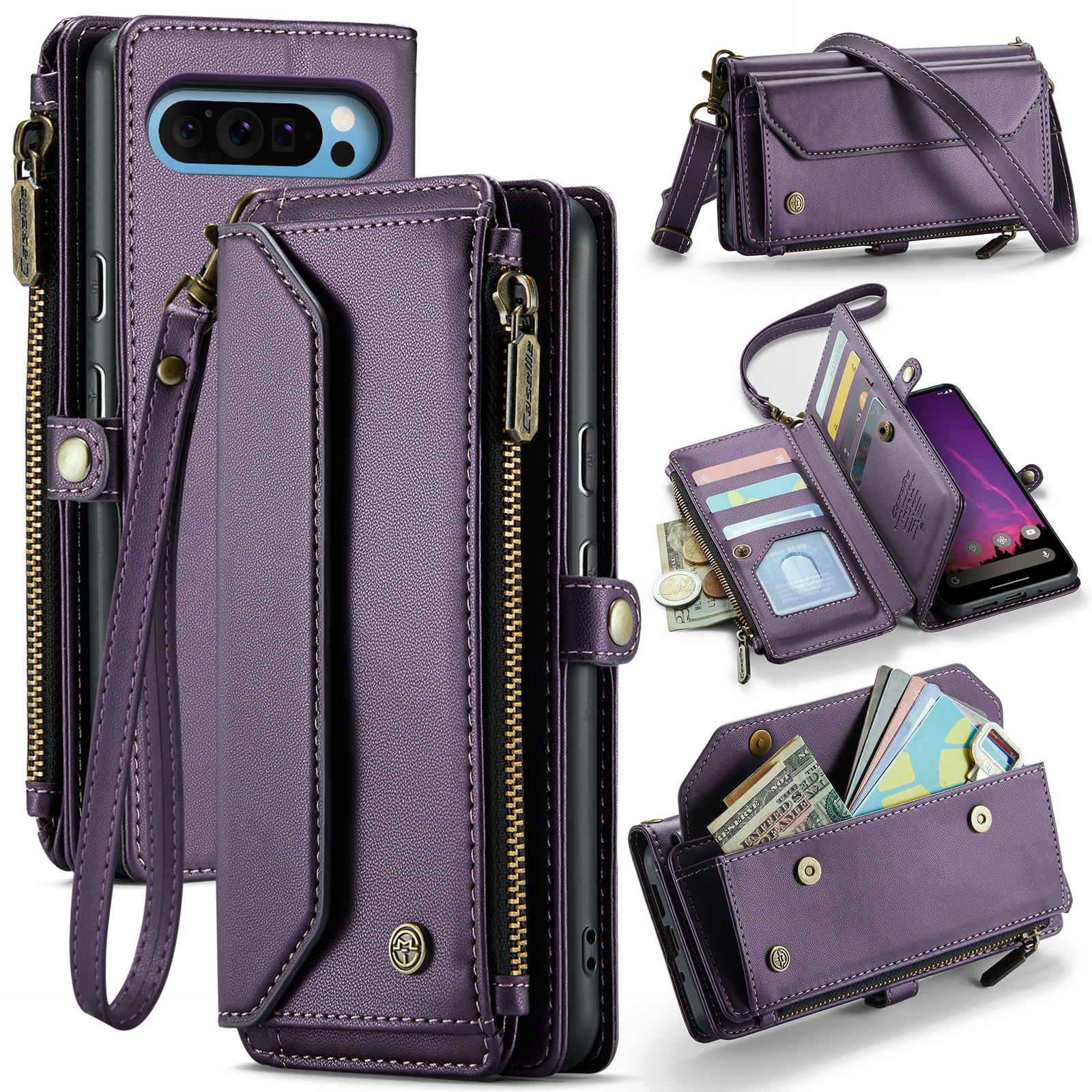 For Google Pixel 10 Pro XL Leather Case CASEME C36 Zipper 10 Card Slots Phone Cover with Straps - Purple