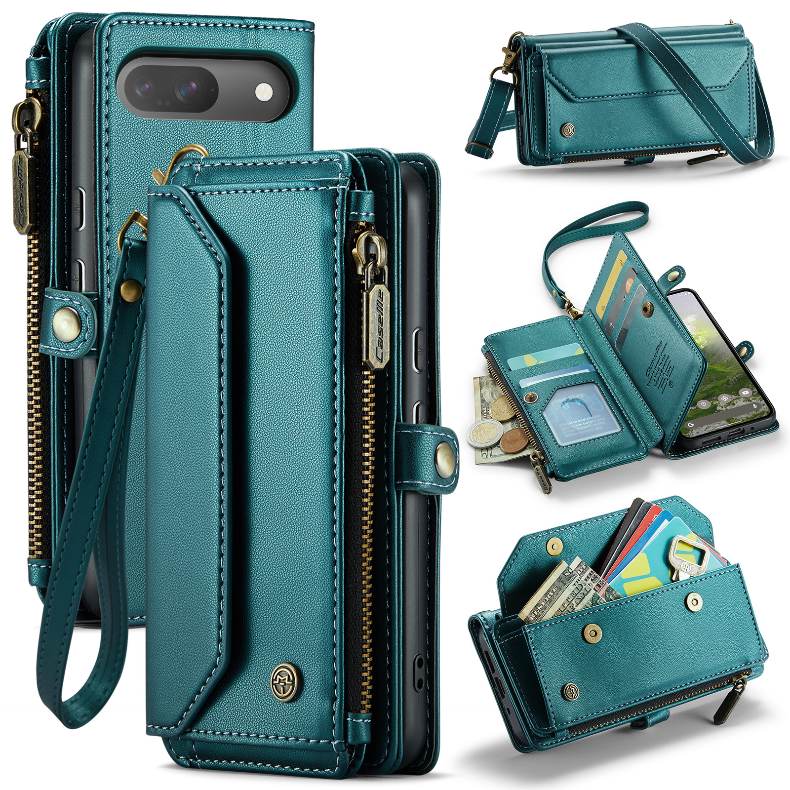 For Google Pixel 10 Pro / 10 / 9 Pro / 9 Leather Case CASEME C36 Zipper 10 Card Slots Phone Cover with Straps - Green