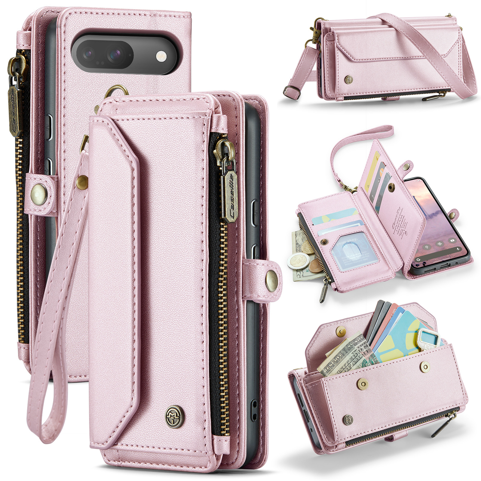 For Google Pixel 10 Pro / 10 / 9 Pro / 9 Leather Case CASEME C36 Zipper 10 Card Slots Phone Cover with Straps - Pink