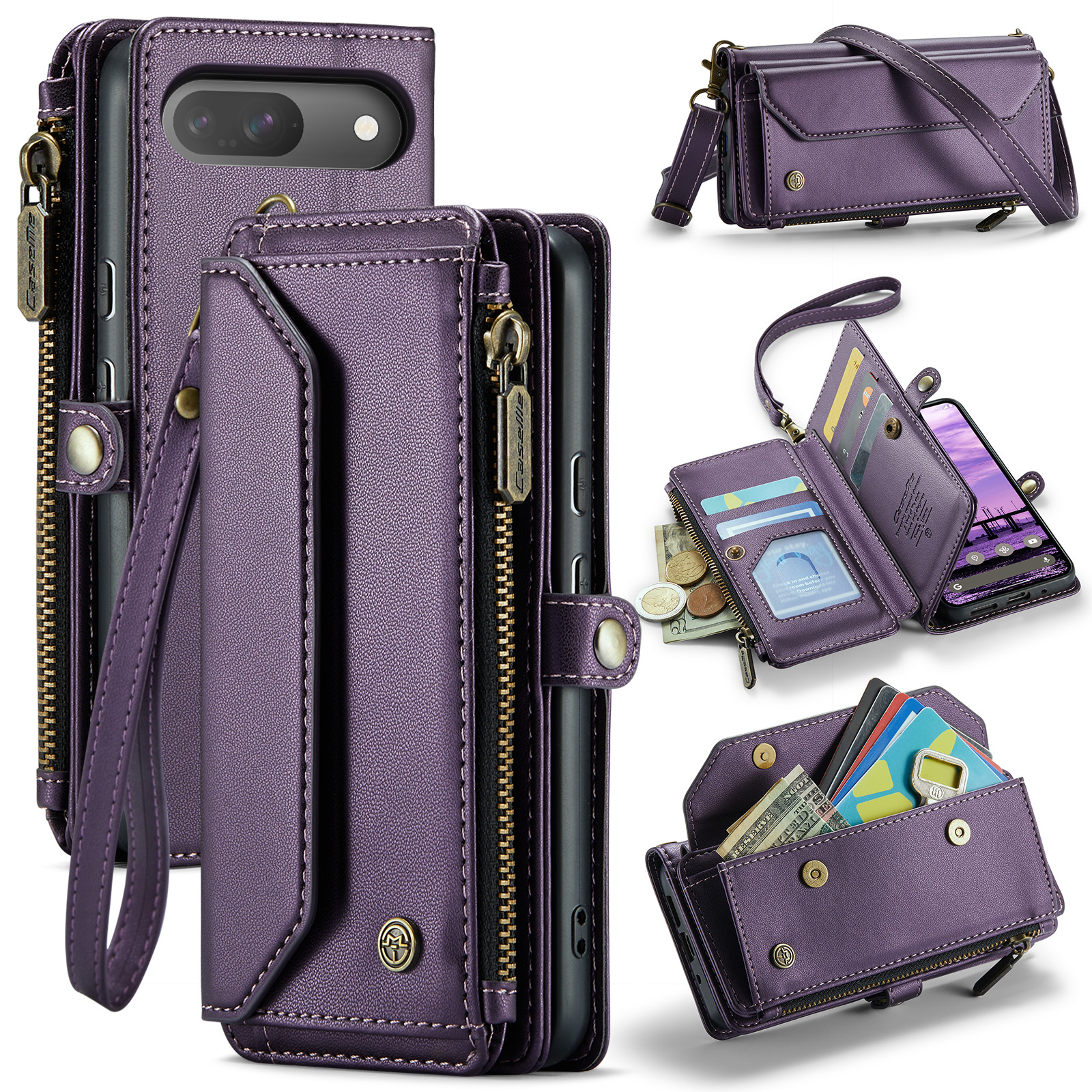 For Google Pixel 10 Pro / 10 / 9 Pro / 9 Leather Case CASEME C36 Zipper 10 Card Slots Phone Cover with Straps - Purple