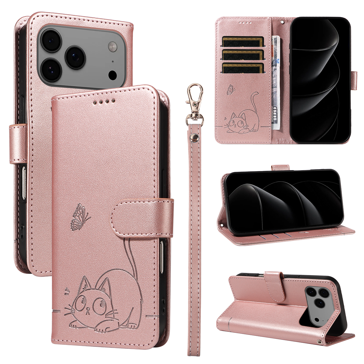 For iPhone 17 Pro Max Case Cat Pattern Imprint Leather Phone Cover with Wrist Strap - Rose Gold