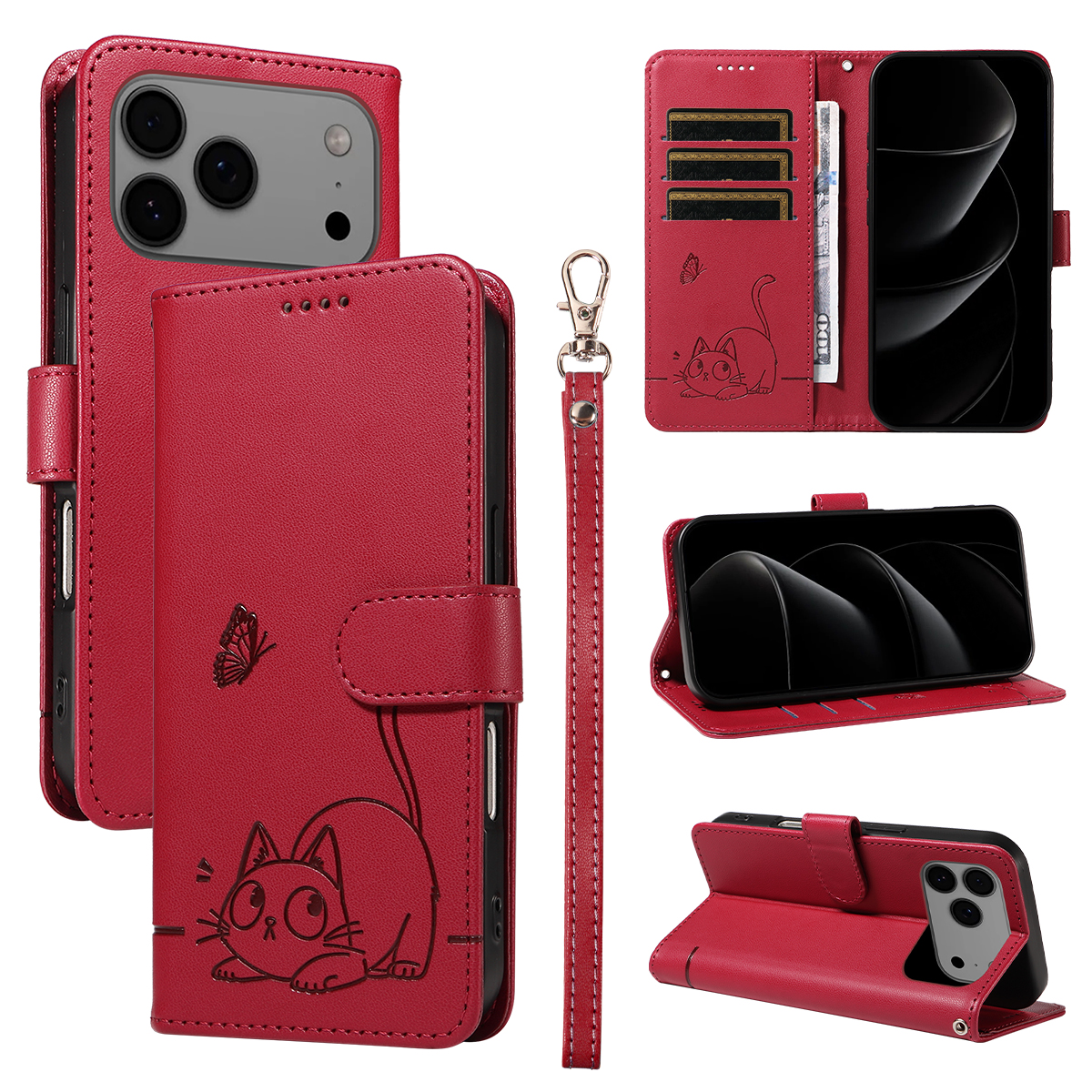 For iPhone 17 Pro Max Case Cat Pattern Imprint Leather Phone Cover with Wrist Strap - Red
