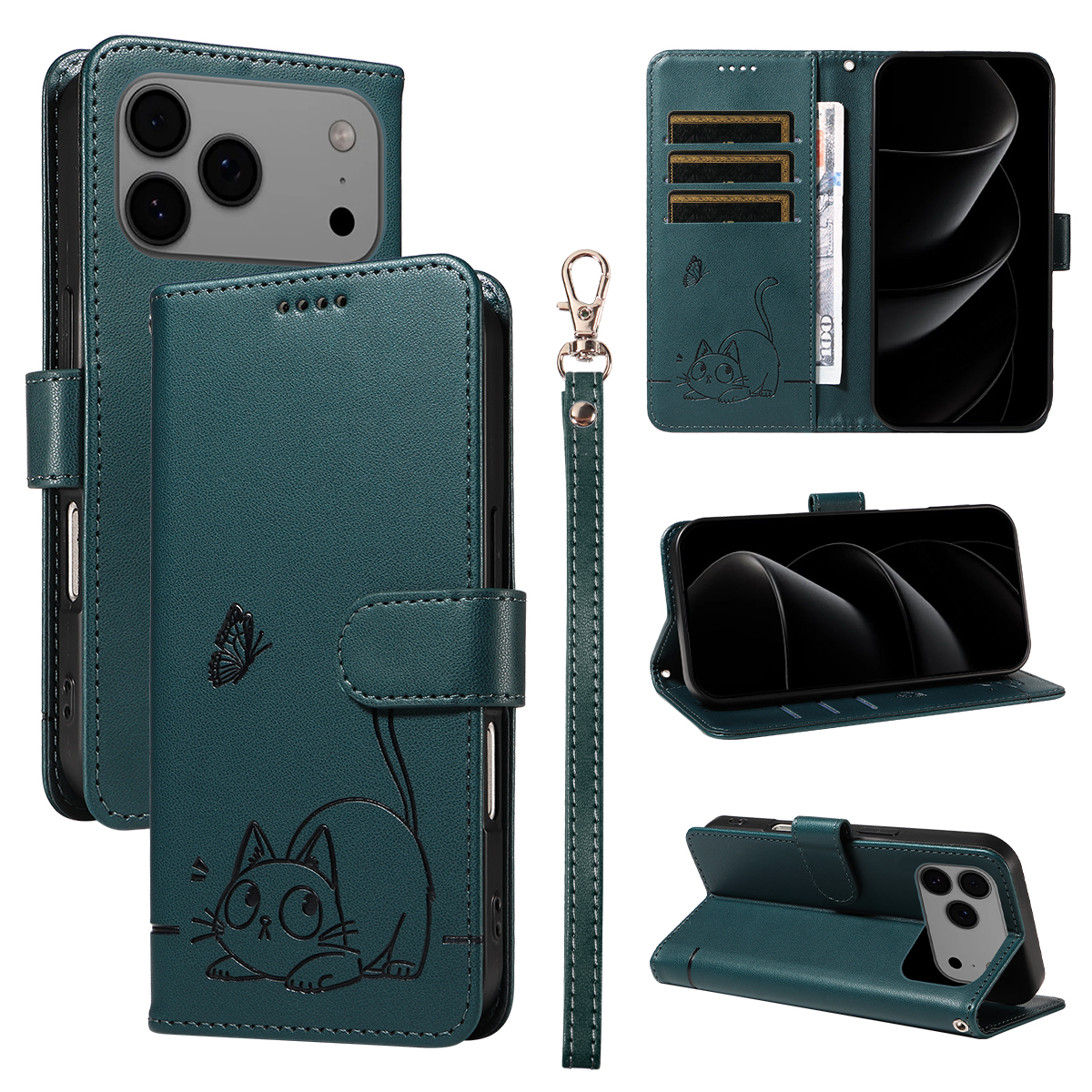 For iPhone 17 Pro Max Case Cat Pattern Imprint Leather Phone Cover with Wrist Strap - Blue
