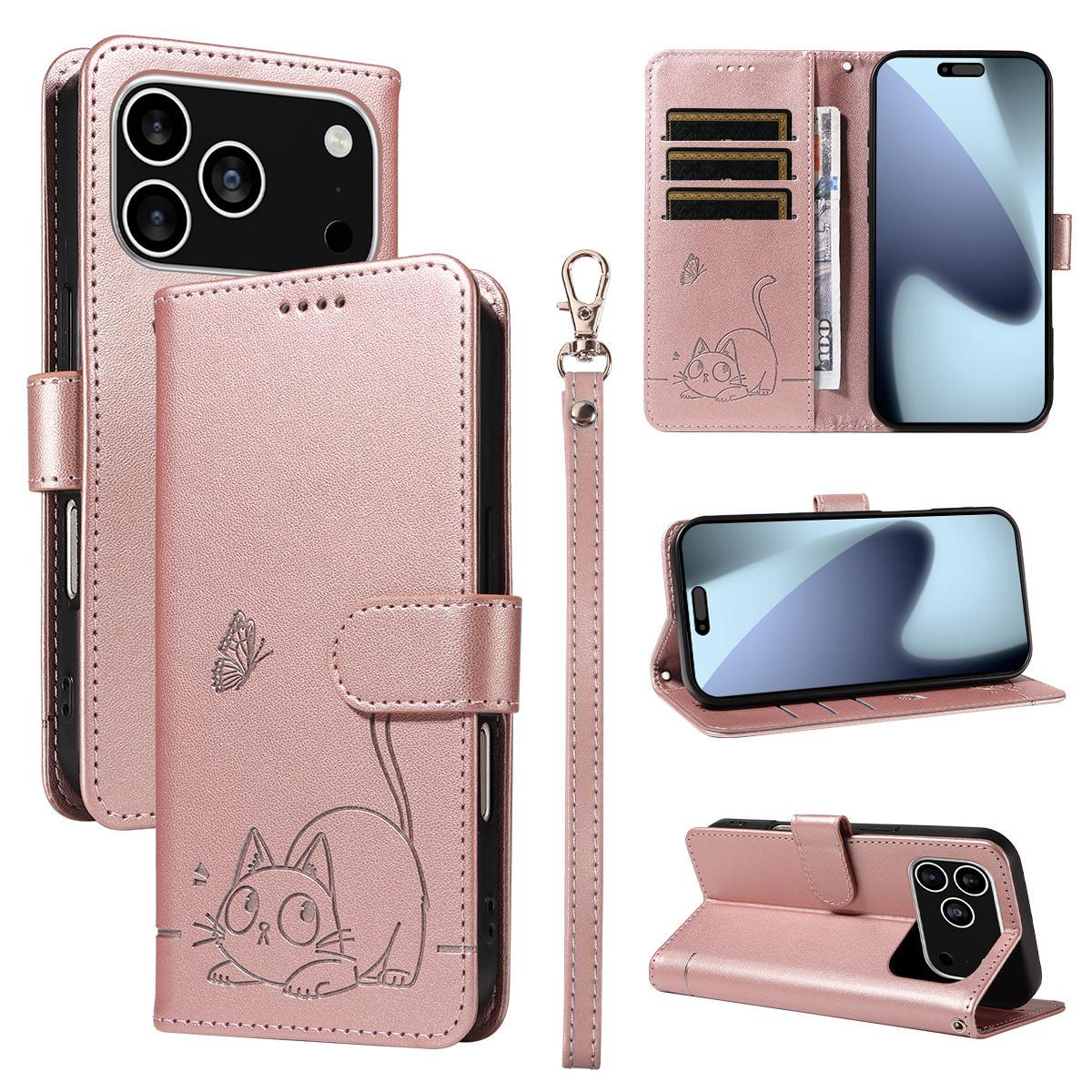For iPhone 17 Pro Case Cat Pattern Imprint Leather Phone Cover with Wrist Strap - Rose Gold