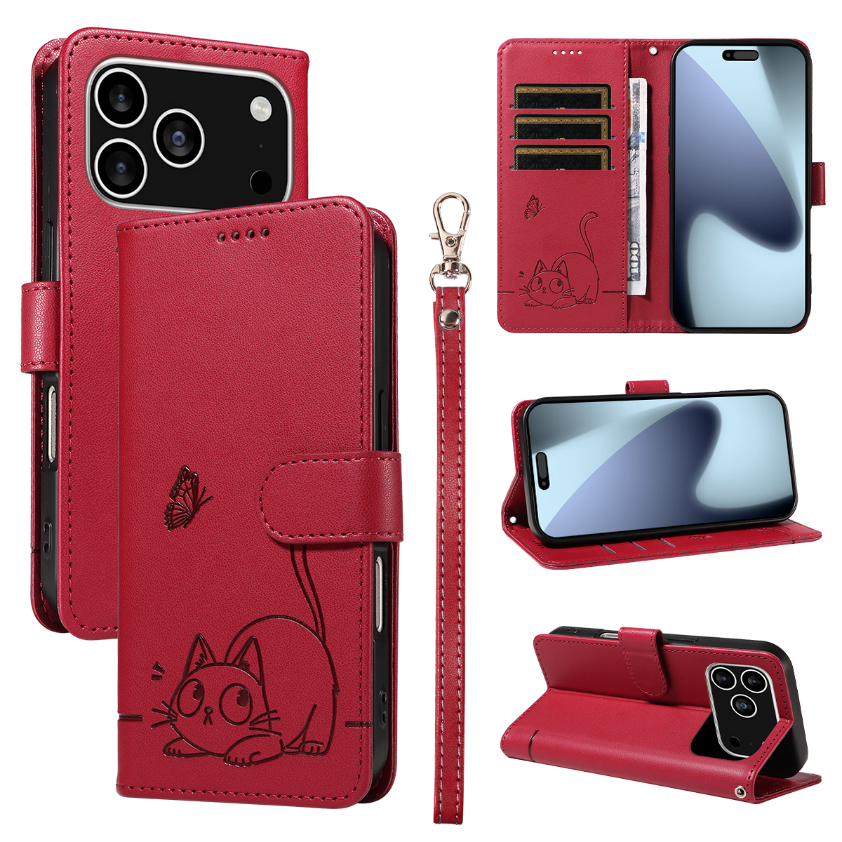 For iPhone 17 Pro Case Cat Pattern Imprint Leather Phone Cover with Wrist Strap - Red