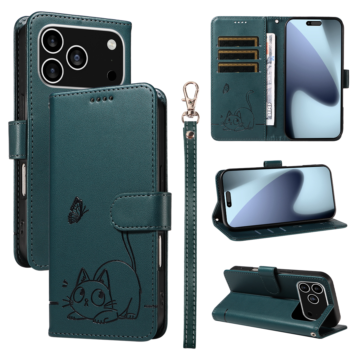 For iPhone 17 Pro Case Cat Pattern Imprint Leather Phone Cover with Wrist Strap - Blue