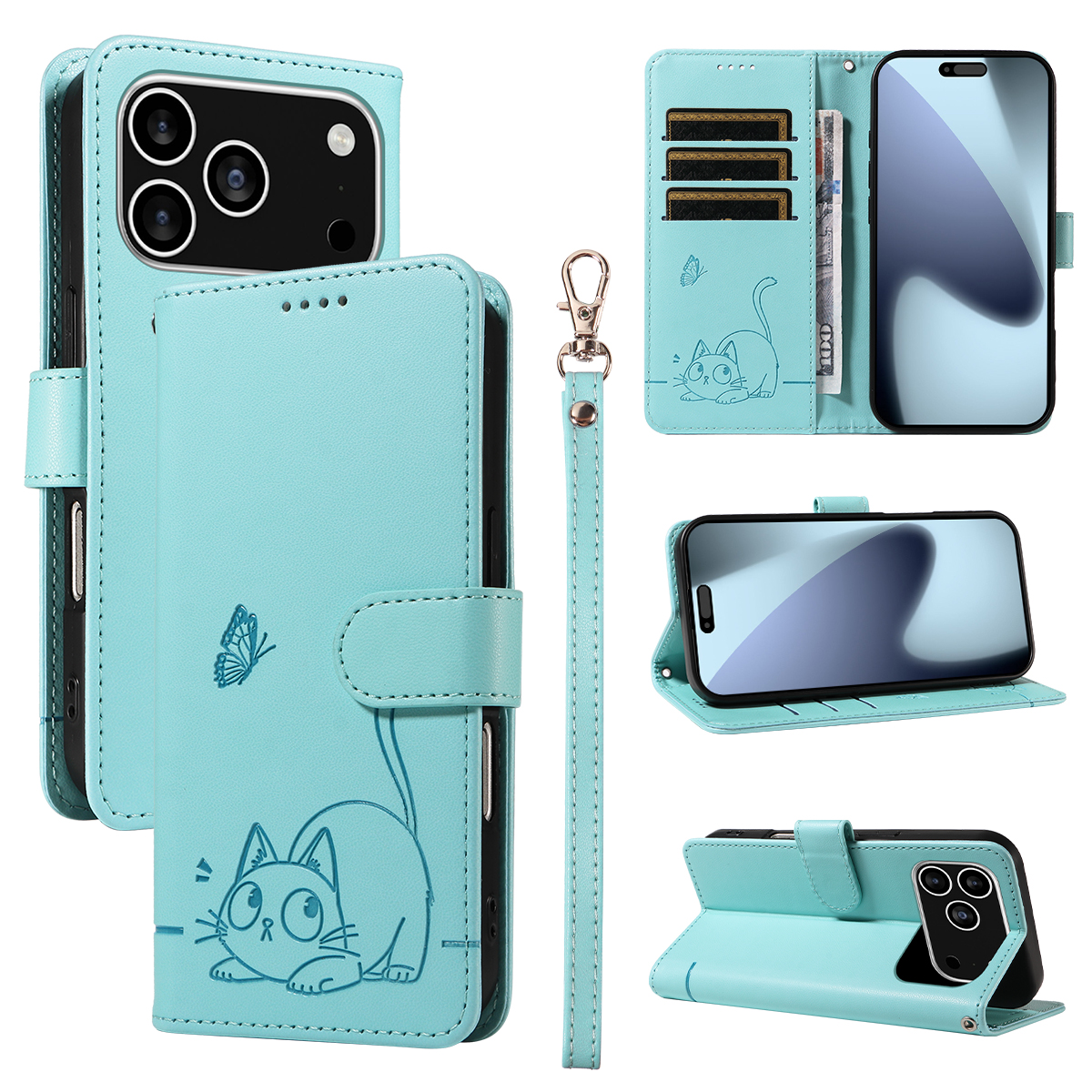For iPhone 17 Pro Case Cat Pattern Imprint Leather Phone Cover with Wrist Strap - Green