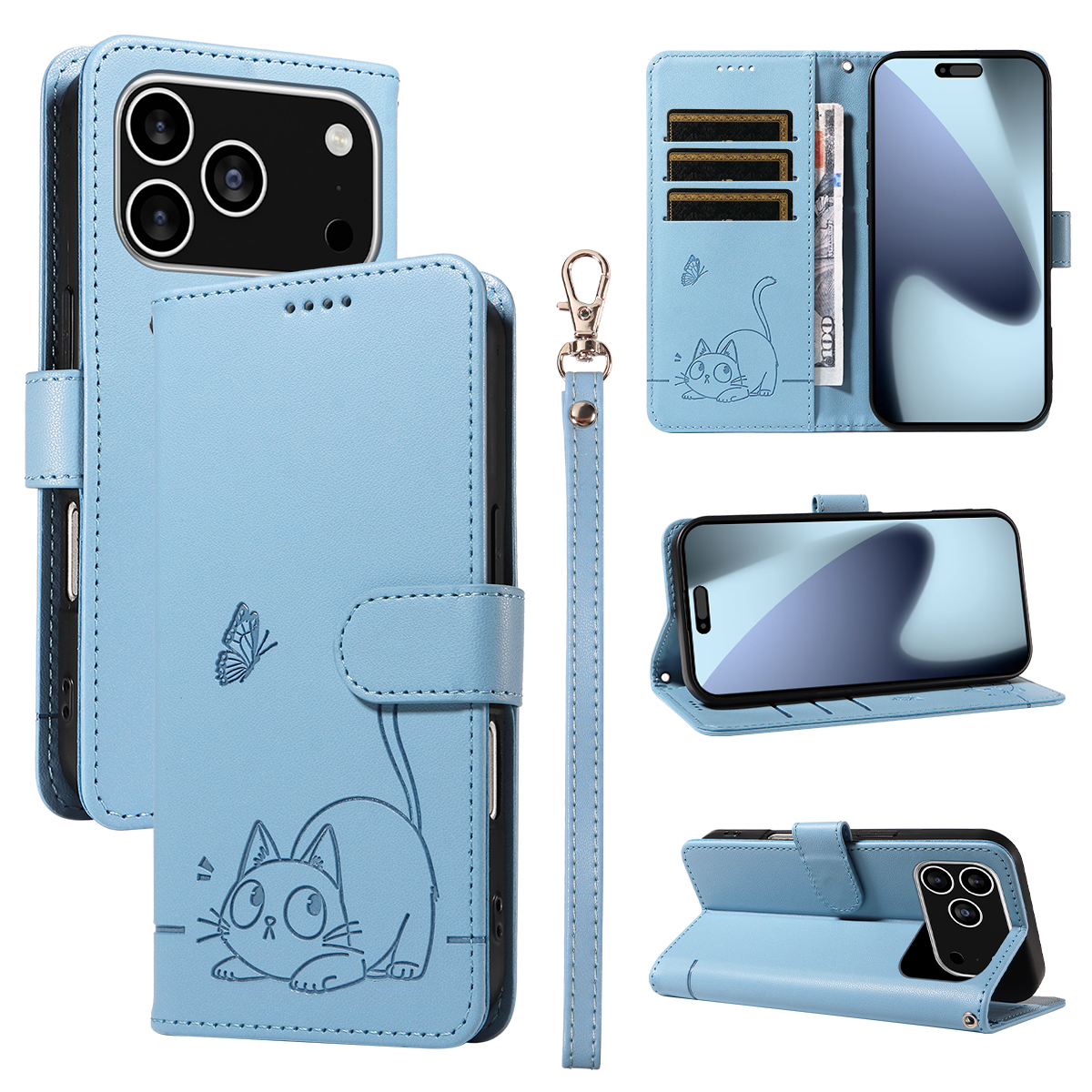 For iPhone 17 Pro Case Cat Pattern Imprint Leather Phone Cover with Wrist Strap - Sky Blue