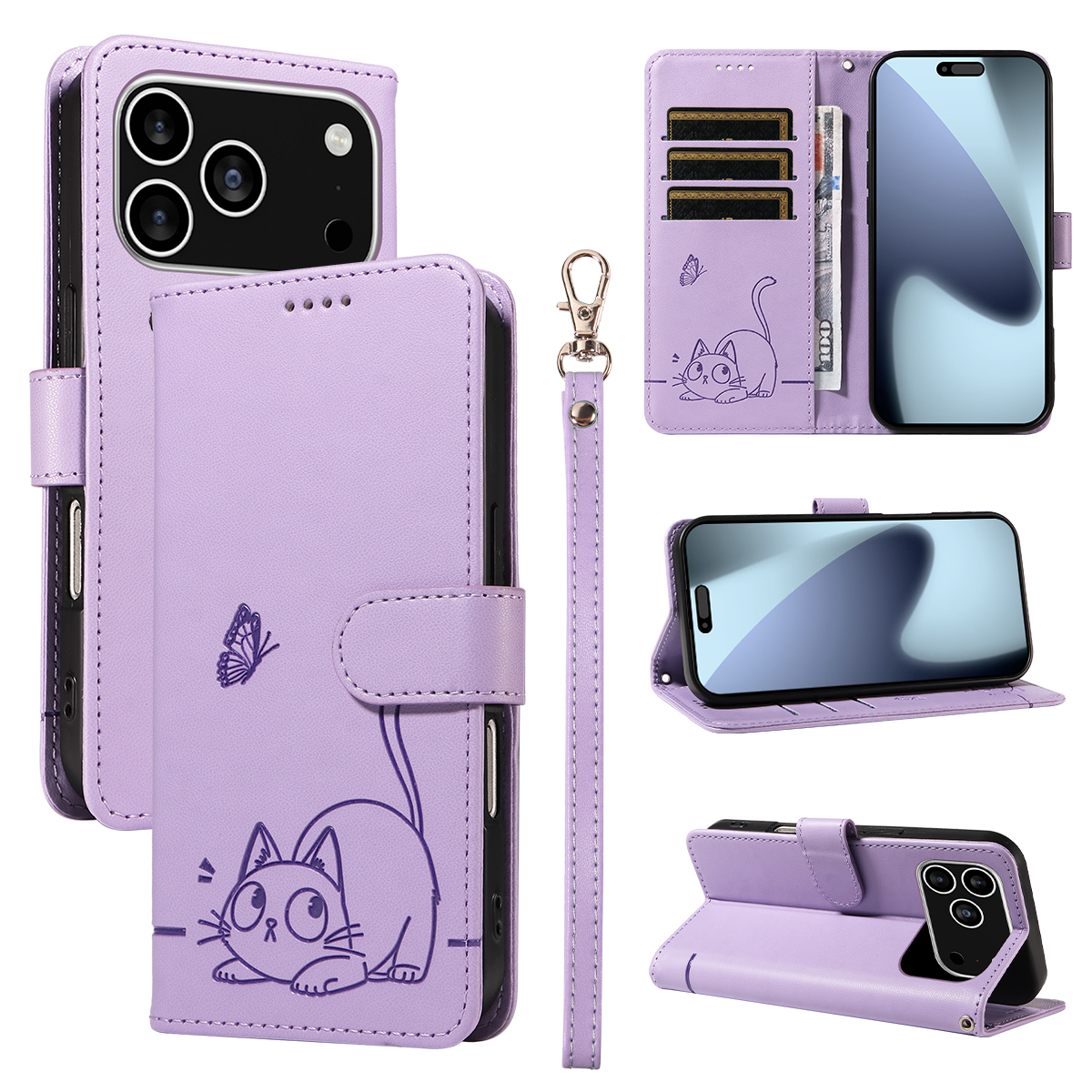 For iPhone 17 Pro Case Cat Pattern Imprint Leather Phone Cover with Wrist Strap - Purple