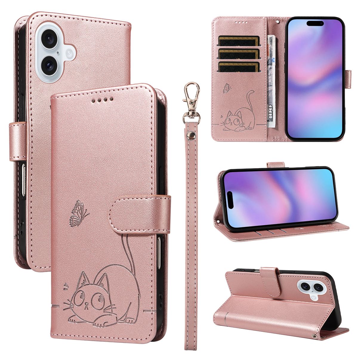 For iPhone 17 Case Cat Pattern Imprint Leather Phone Cover with Wrist Strap - Rose Gold