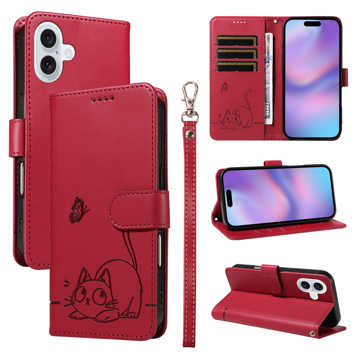For iPhone 17 Case Cat Pattern Imprint Leather Phone Cover with Wrist Strap - Red