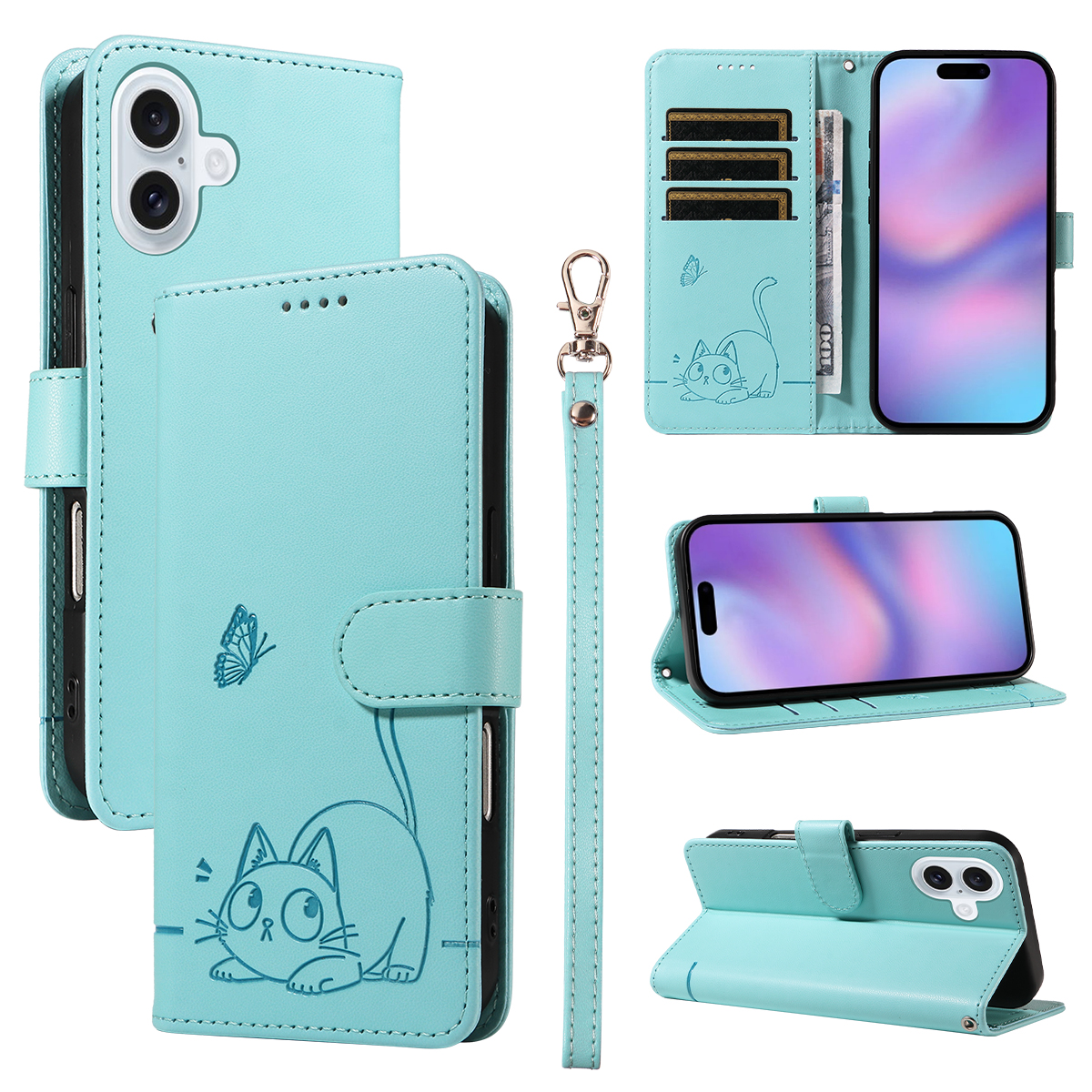 For iPhone 17 Case Cat Pattern Imprint Leather Phone Cover with Wrist Strap - Green