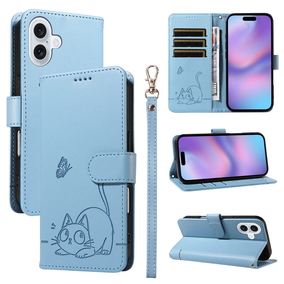 For iPhone 17 Case Cat Pattern Imprint Leather Phone Cover with Wrist Strap - Sky Blue